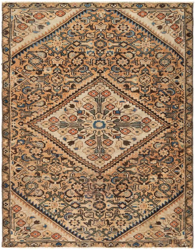 A 3x5 rectangular Hamedan wool rug featuring a traditional tribal pattern in oranges, blues, and creams.