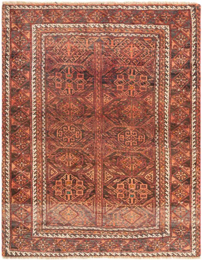 A 3x5 rectangular Hamedan rug featuring a tribal, traditional pattern in various shades of orange and brown with a distinct border.