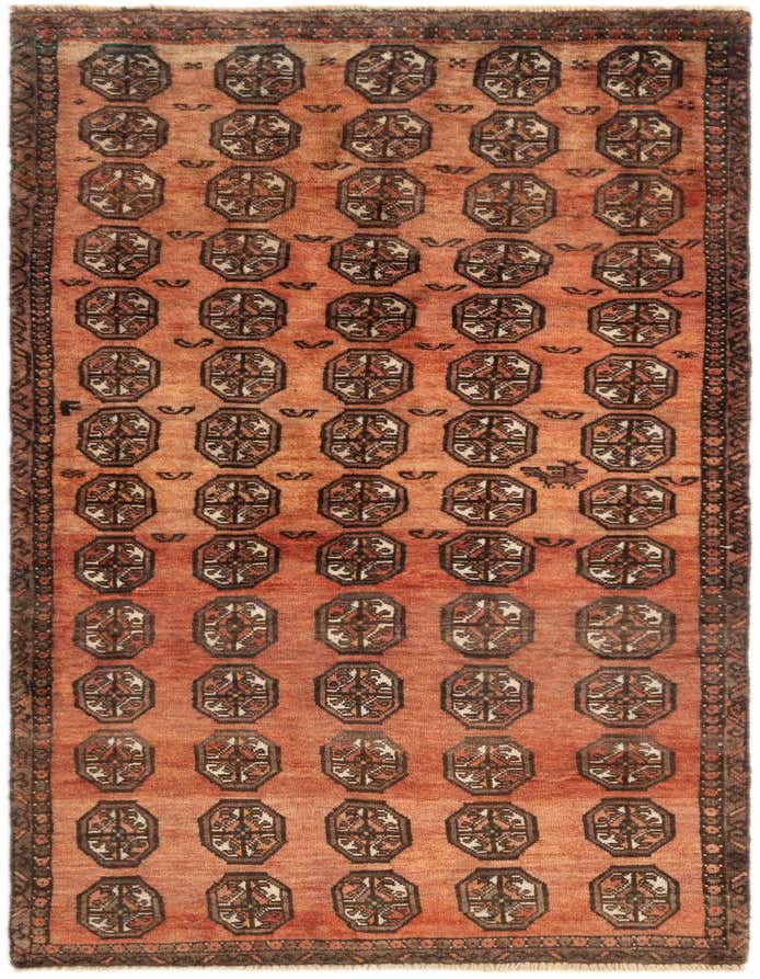 A 3x5 rectangular Hamedan wool rug featuring a repeating tribal geometric pattern in shades of orange and dark brown.