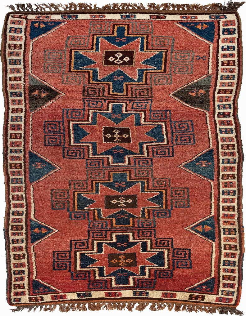 A 6x9 rectangular Herki rug with a vibrant orange background and intricate blue, brown, and cream geometric patterns, ideal for a living room.