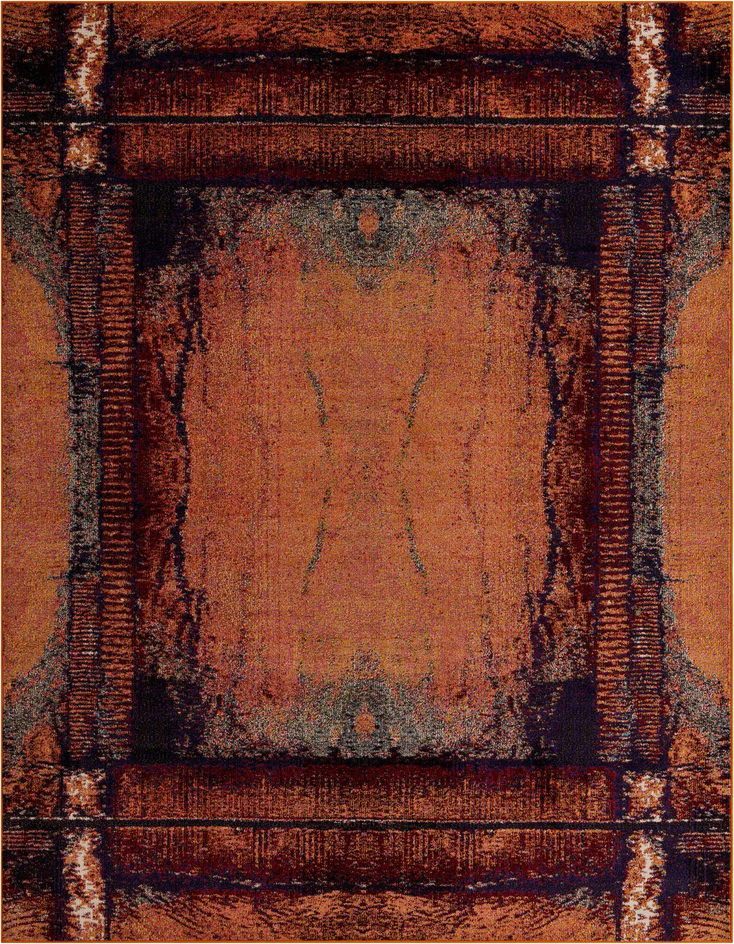An 8x11 rectangular orange abstract rug with rustic, modern, and vintage-inspired patterns, ideal for a living room.
