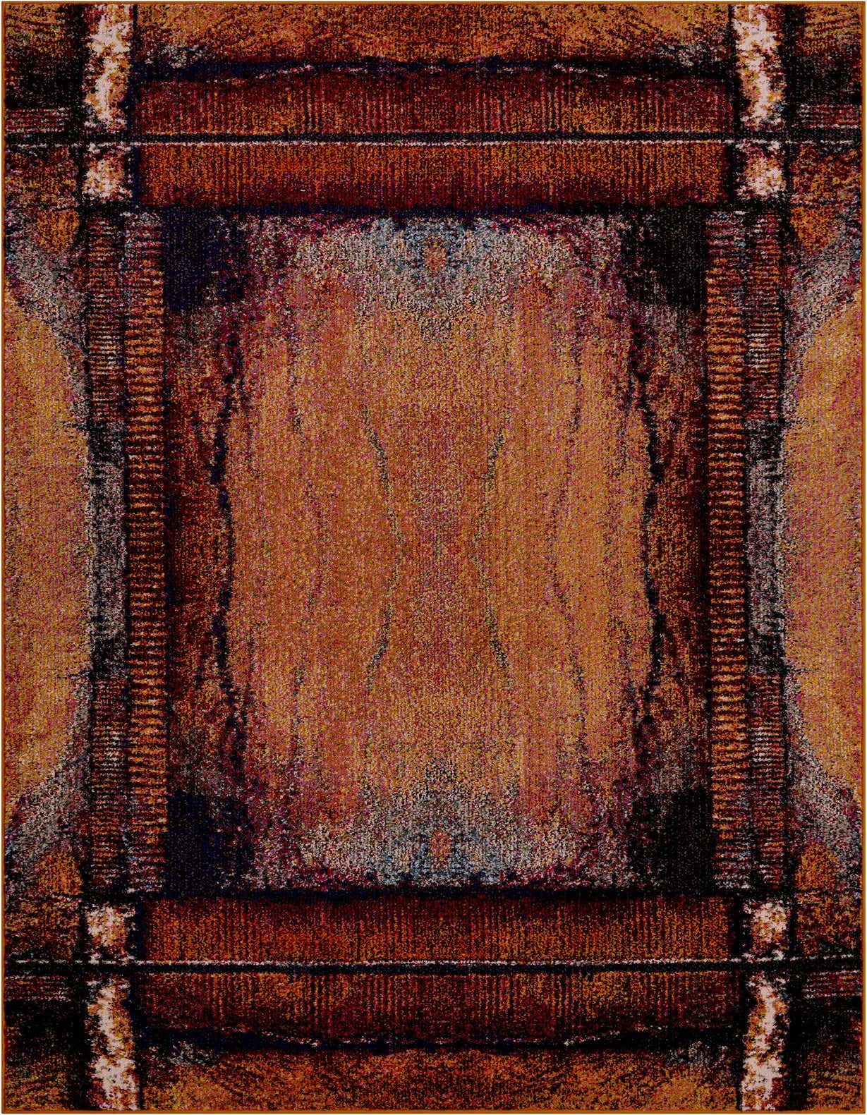 A 5x8 rectangular Hyacinth rug featuring an abstract cabin/lodge pattern in shades of orange and brown.
