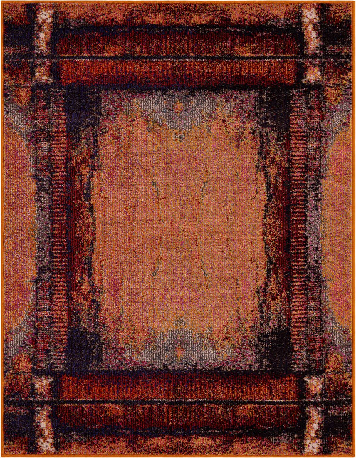 A 3x5 rectangular orange area rug with an abstract, rustic plaid-like pattern in varying shades of orange, red, black, and gray.