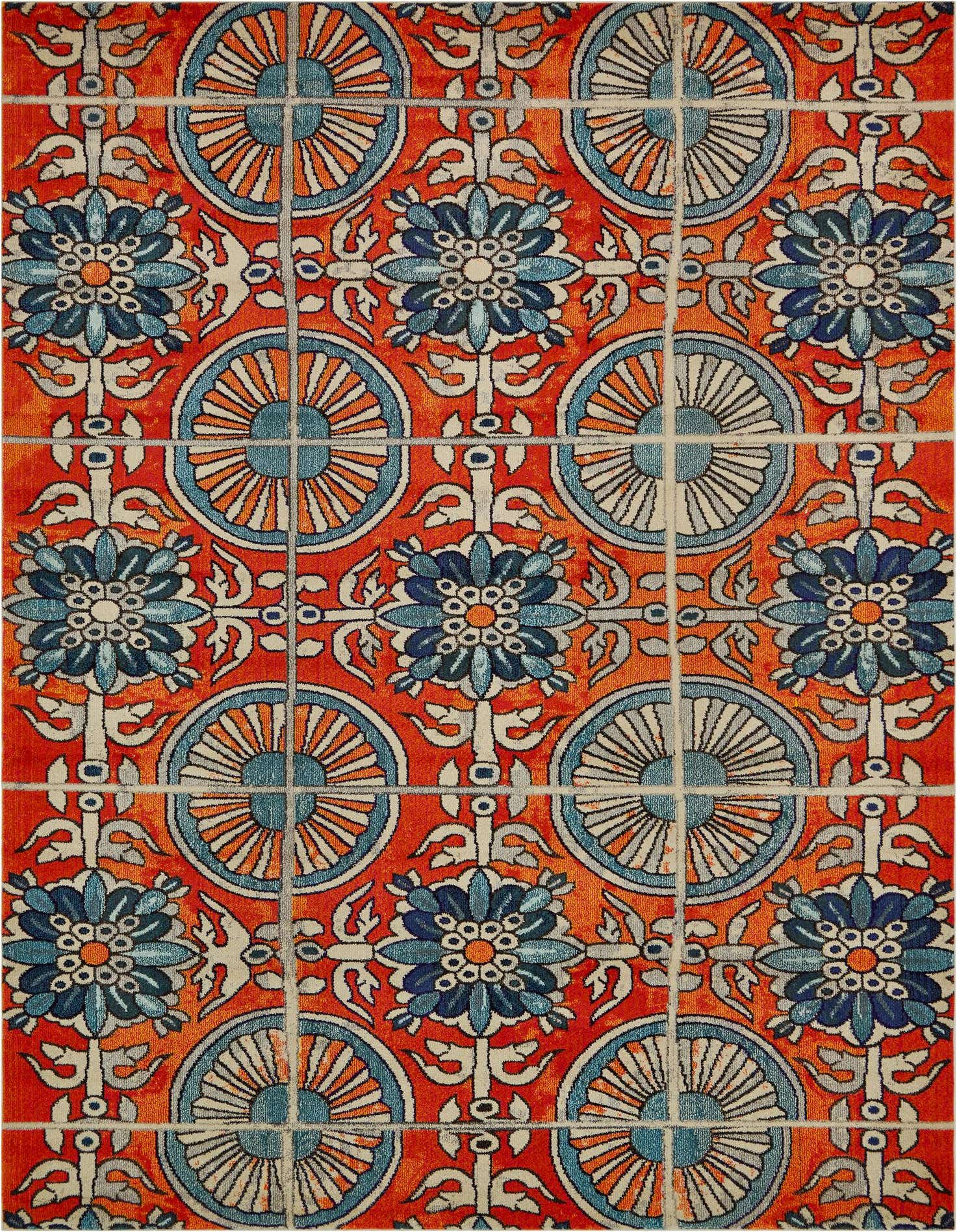 A 9x12 rectangular orange rug with a bohemian floral and medallion tile pattern in blue, orange, and white.