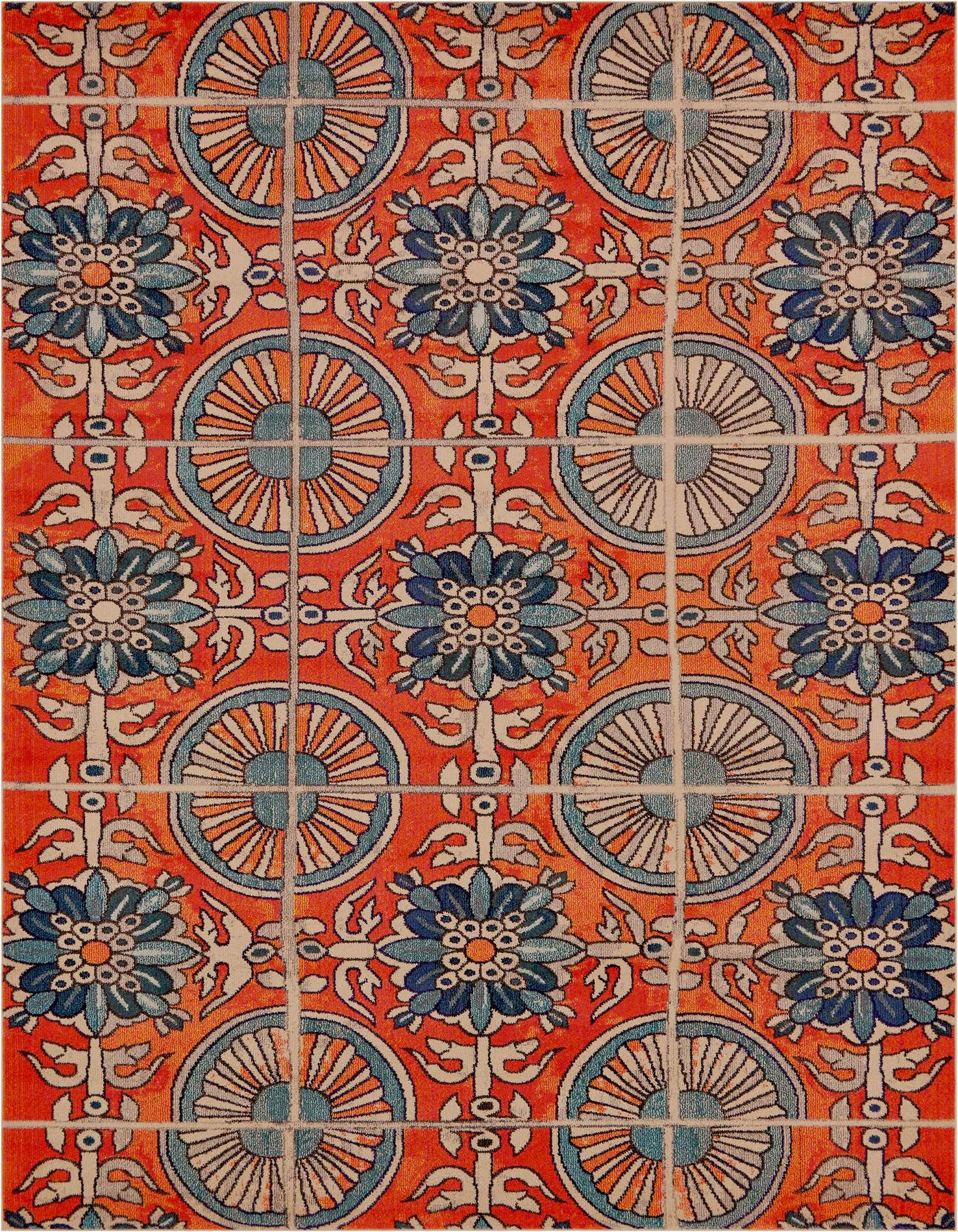 A rectangular orange Bohemian rug with a repeating pattern of blue floral motifs and circular sunburst designs.