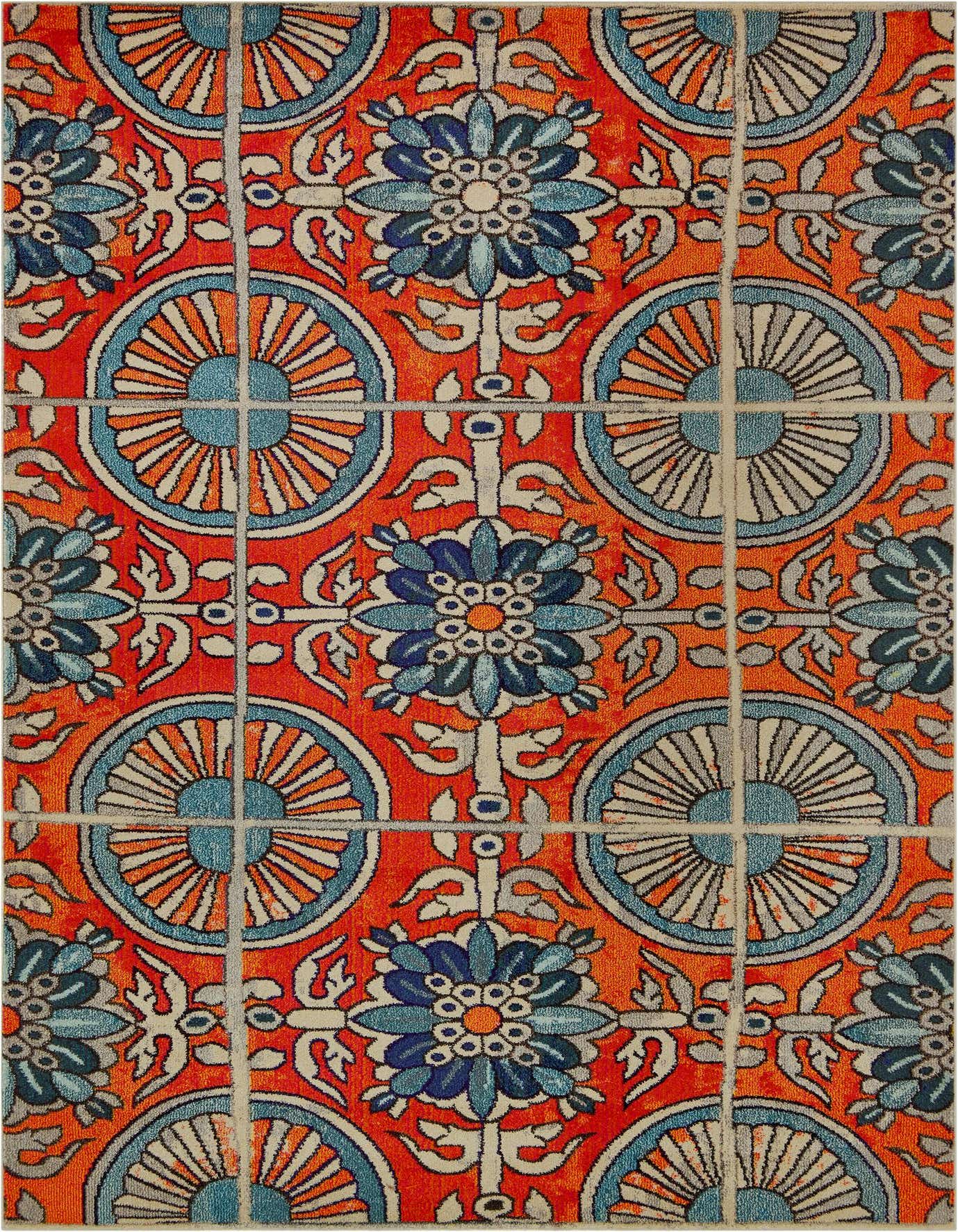 A vibrant 7x10 rectangular Hyacinth rug featuring a bold orange background with blue, light blue, and cream bohemian floral and botanical patterns, perfect for a living room.