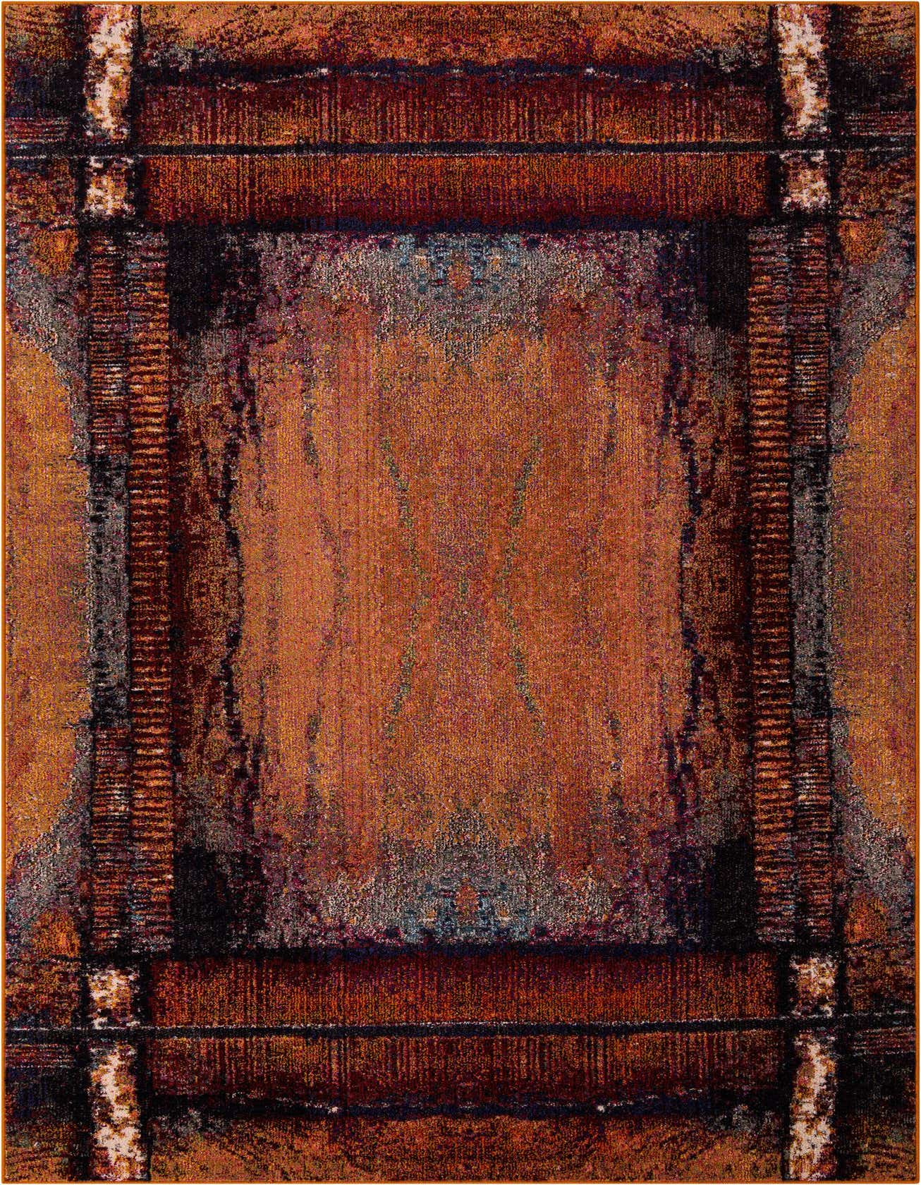 A 10x13 rectangular modern abstract rug in shades of orange with dark brown and blue accents, featuring a distressed, painterly design.