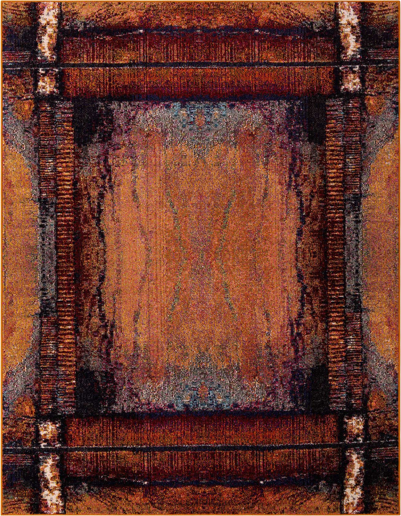 A rectangular 6x9 modern abstract rug featuring a distressed pattern in shades of orange, rust, and hints of blue.