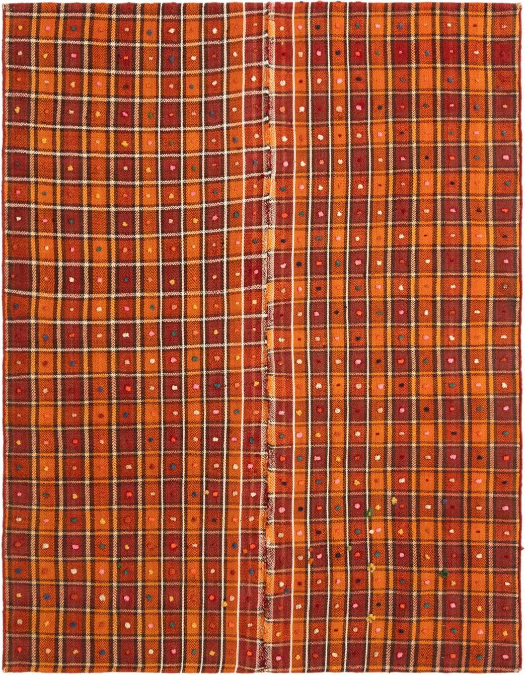 A 4x6 rectangular Jajim Persian rug featuring an orange and brown plaid pattern with colorful dots.