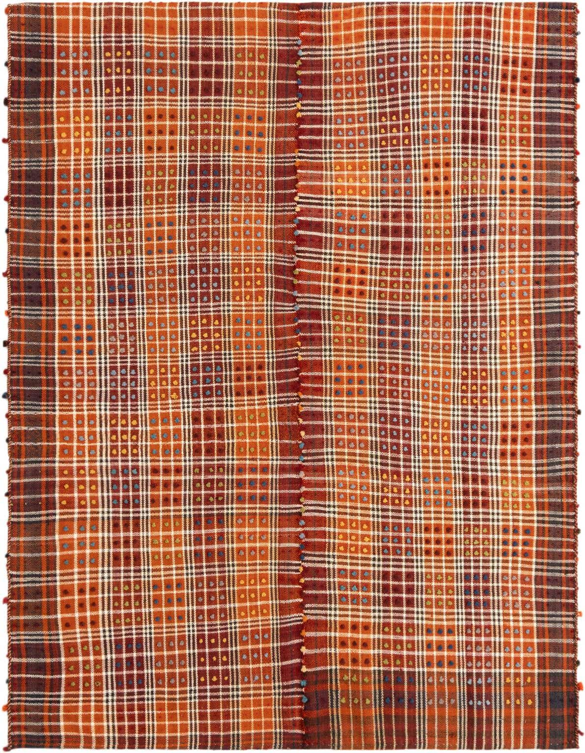 A 4x6 rectangular Jajim rug in shades of orange and red with a plaid pattern and small colorful dots, handmade from wool.