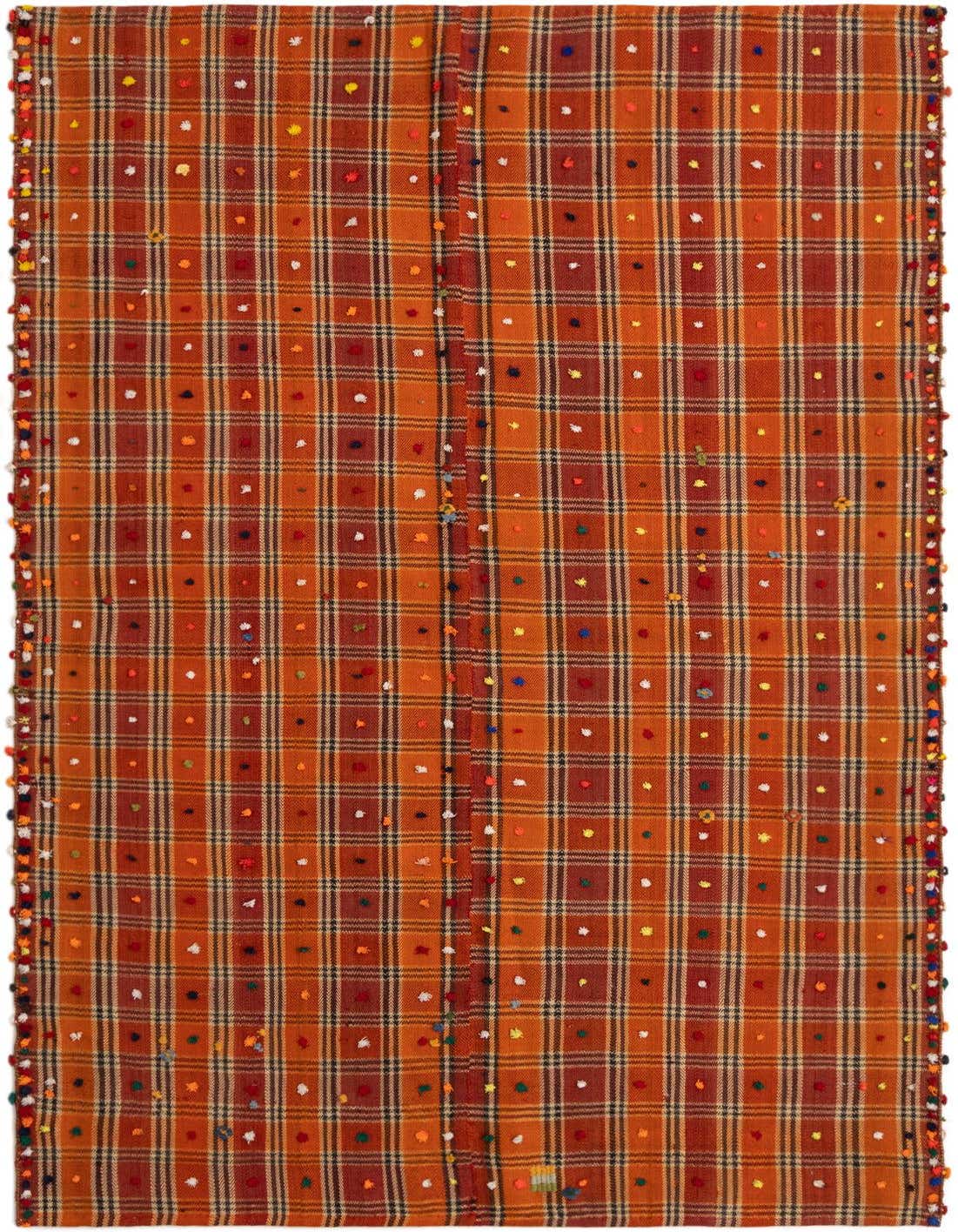 A 4x6 rectangular Jajim rug with an orange and red plaid pattern, featuring colorful tufted dots and decorative edges.
