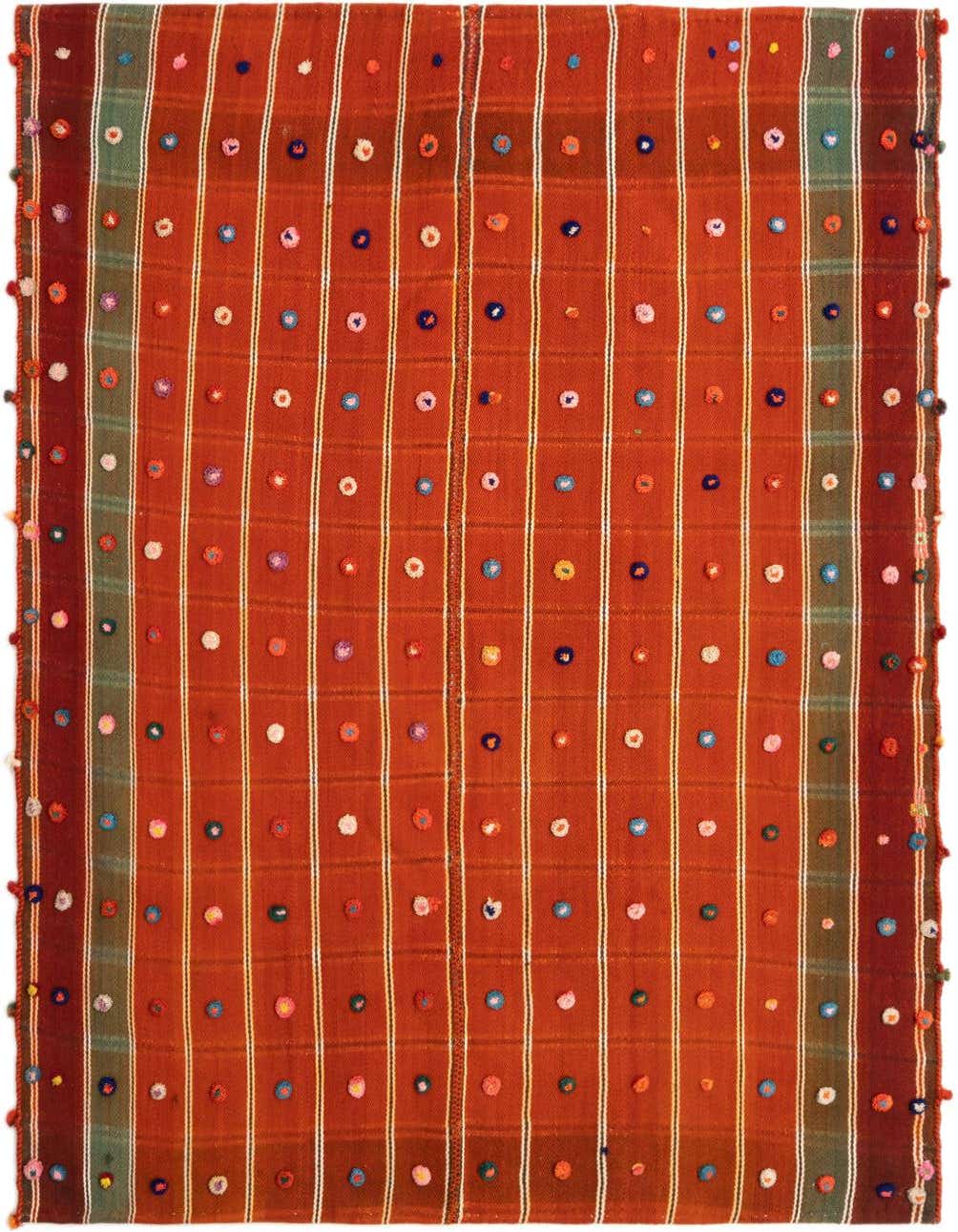 A 4x6 rectangular Jajim Persian wool rug featuring a warm orange base with vertical white and yellow stripes, accented by colorful polka-dot-like tufts and green border stripes.