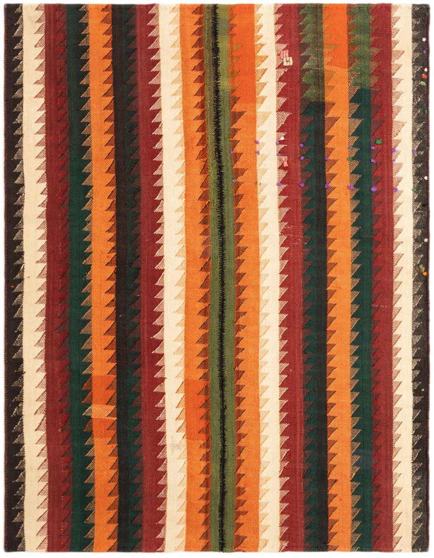 A 4x6 rectangular Jajim rug with vertical stripes in shades of orange, red, green, and cream, featuring a serrated or zigzag pattern along the edges of the stripes.