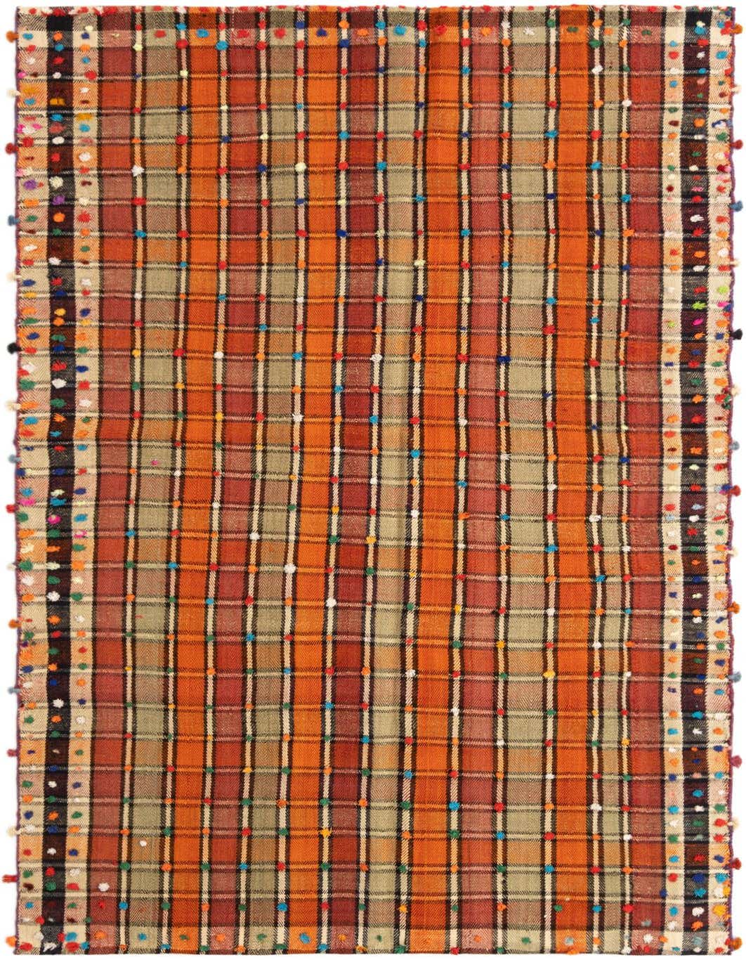 A 4x6 rectangular Jajim rug featuring a plaid pattern in shades of orange, brown, and beige, with colorful pom-poms along the border.