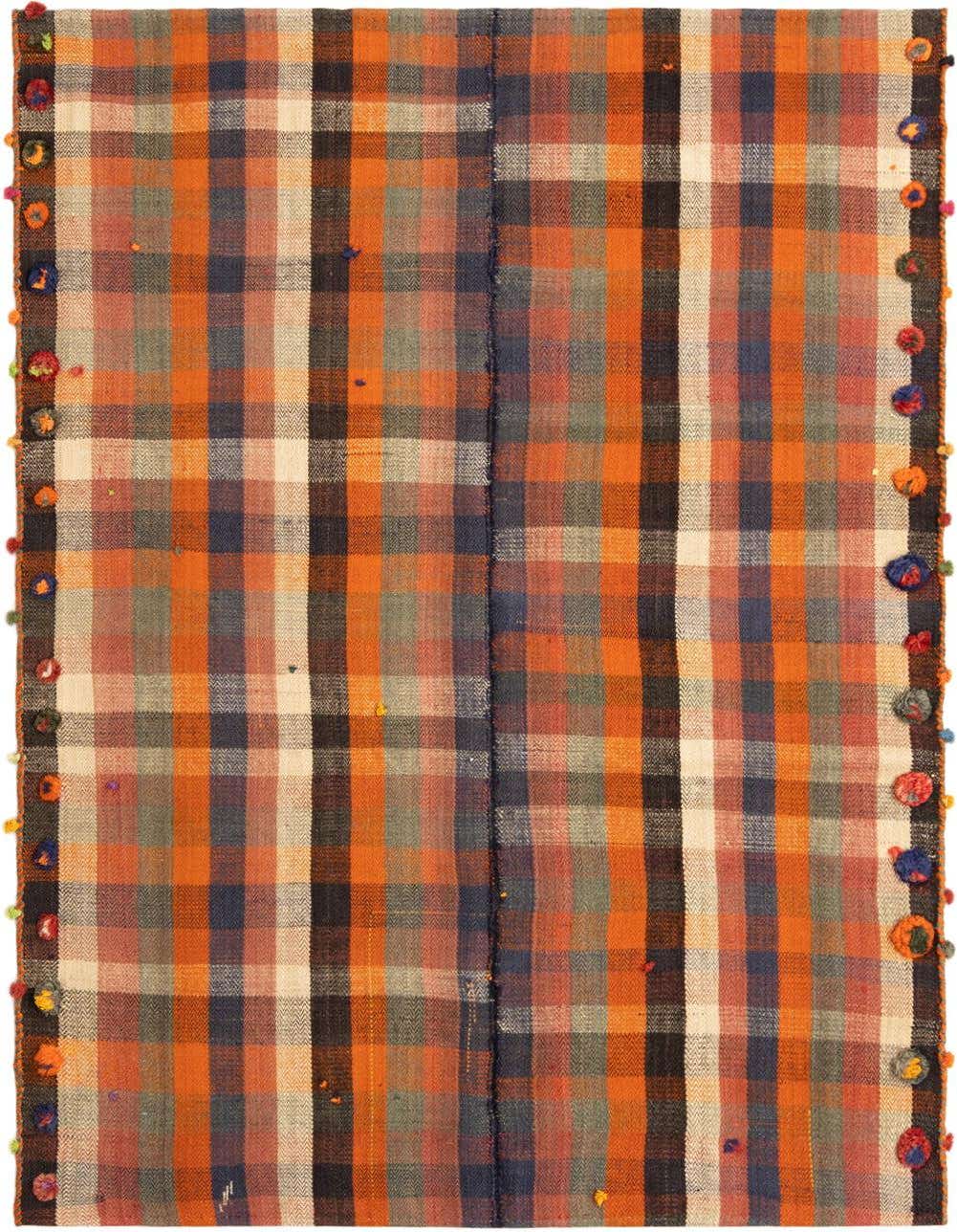 A 4x6 rectangular Jajim rug featuring a vibrant plaid pattern in oranges, blues, and creams, with colorful pom-pom edges.