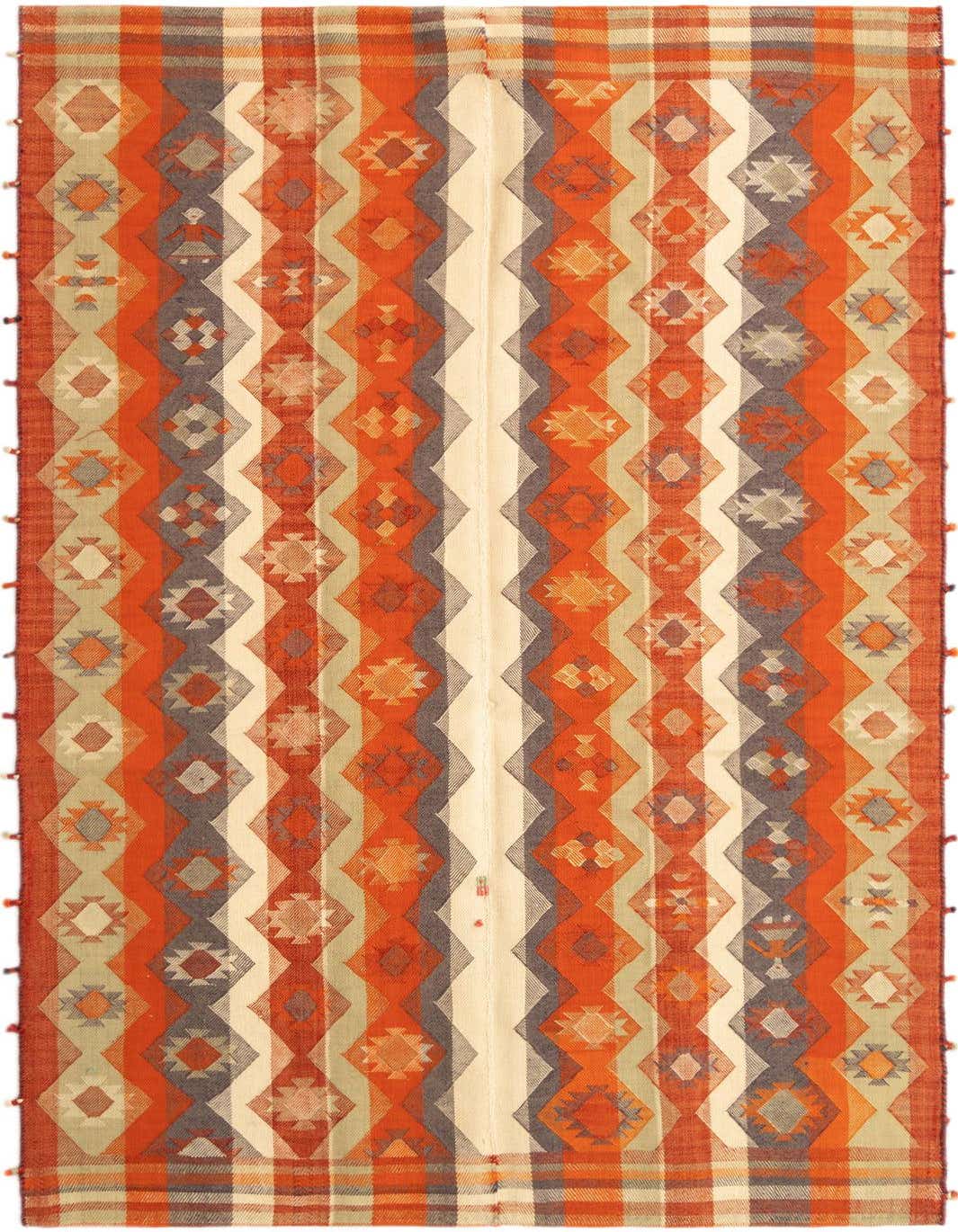 A 5x7 rectangular Jajim Persian wool rug with vibrant orange, cream, and grey geometric patterns.