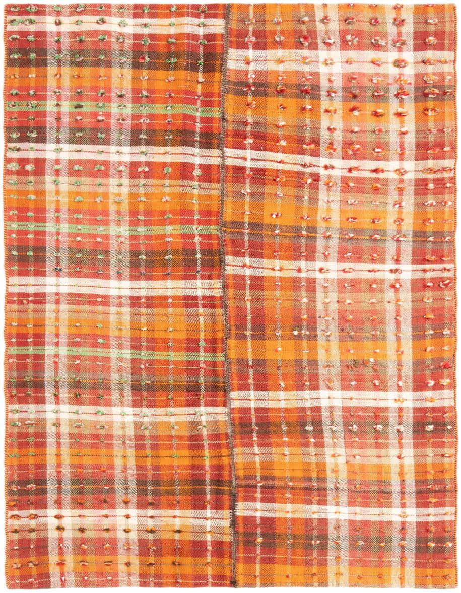 A 5x8 rectangular Jajim rug featuring a vibrant plaid pattern in various shades of orange, red, and subtle green, with textured knots.
