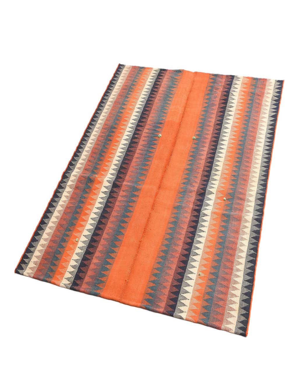 A 4x6 rectangular orange Persian Jajim rug with striped patterns in various shades of orange, blue, and cream.