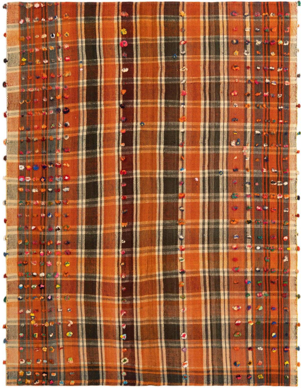 A 4x6 rectangular Jajim rug featuring a plaid pattern in shades of orange, brown, and cream, with colorful pom-pom accents.