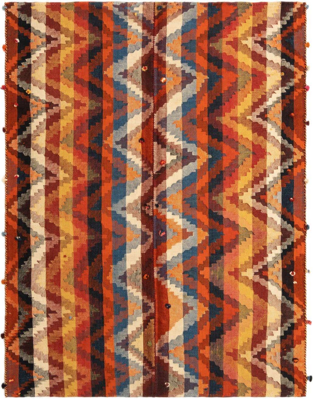 A vibrant 4x6 rectangular Jajim rug with vertical stripes in various shades of orange, blue, red, and cream, featuring a zigzag Persian pattern.