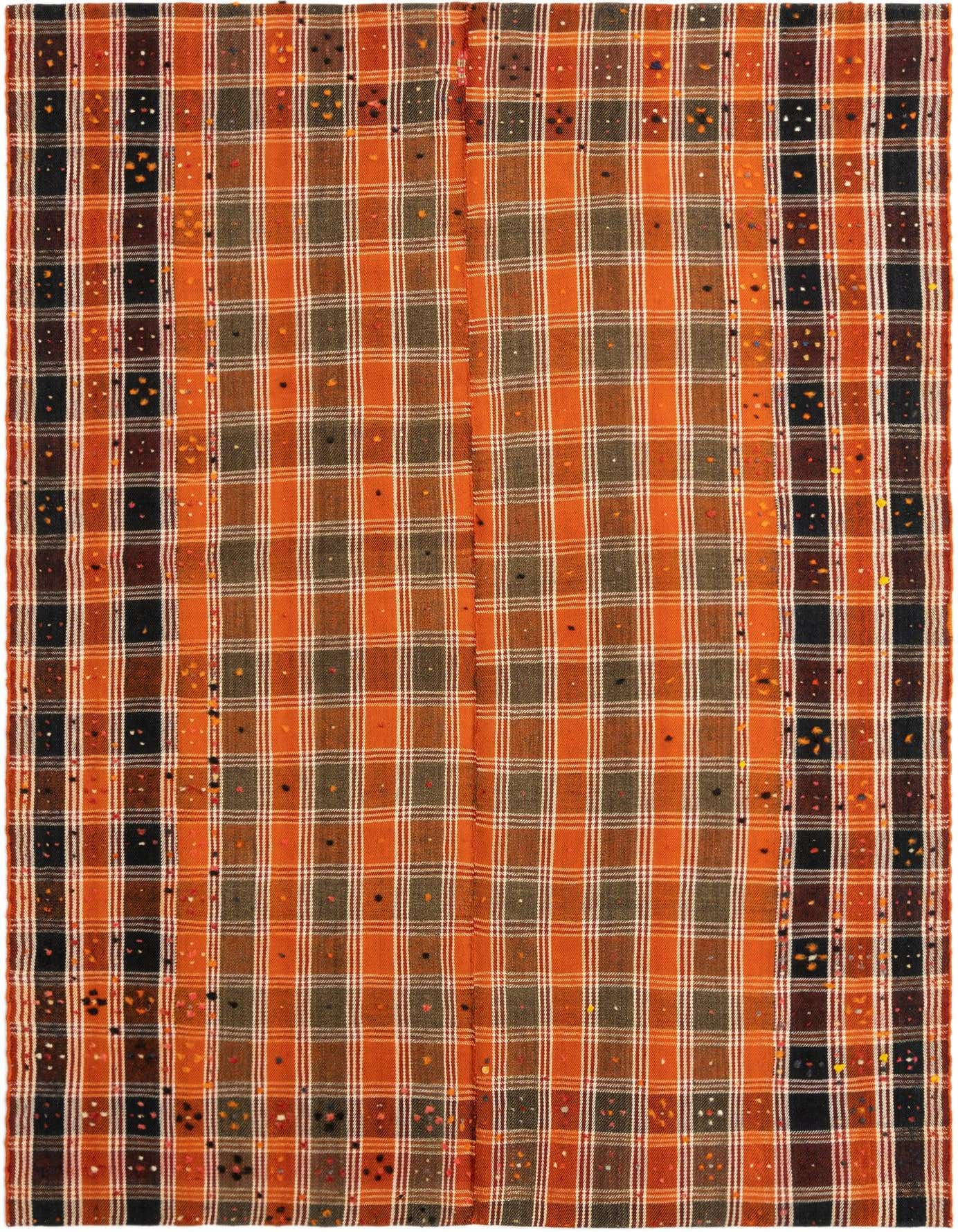 A 5x8 rectangular Jajim Persian rug featuring an orange and brown plaid pattern with colorful flecks.