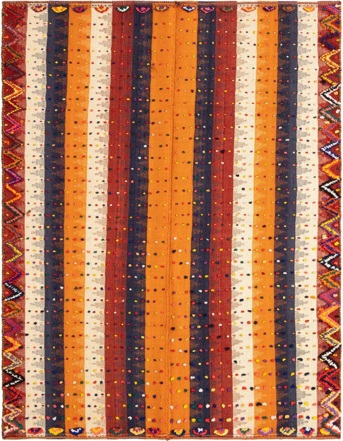 A 5x8 rectangular Jajim rug featuring vibrant orange, navy, red, and cream stripes with colorful polka dot accents and intricate zigzag borders.
