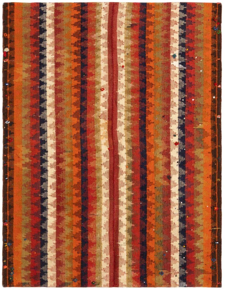 A 4x6 rectangular Jajim rug featuring vibrant orange, red, and blue stripes with a textured Persian pattern.