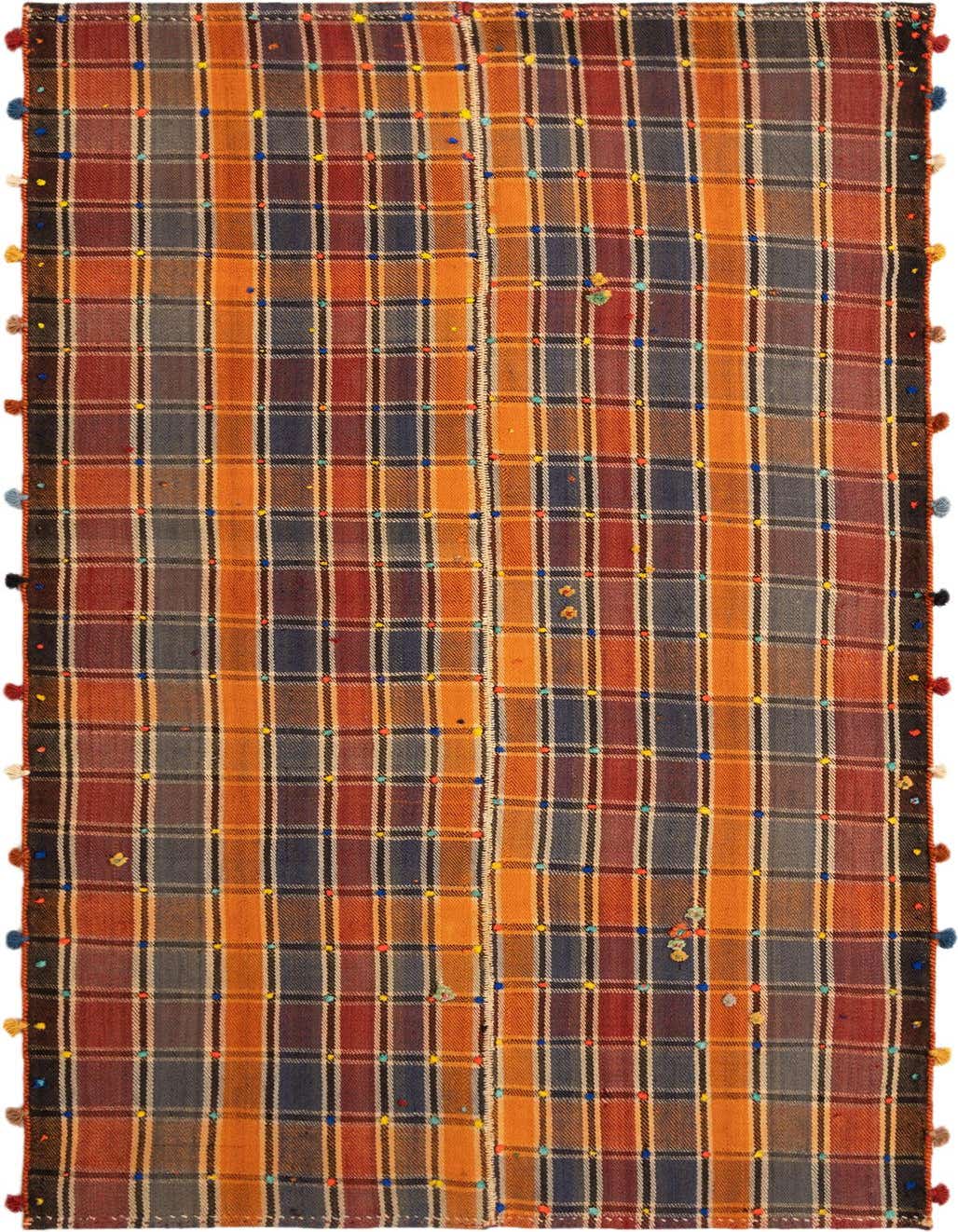 A 4x6 rectangular Jajim rug featuring a vibrant plaid pattern in oranges, blues, and reds with colorful pom-pom tassels along the edges.