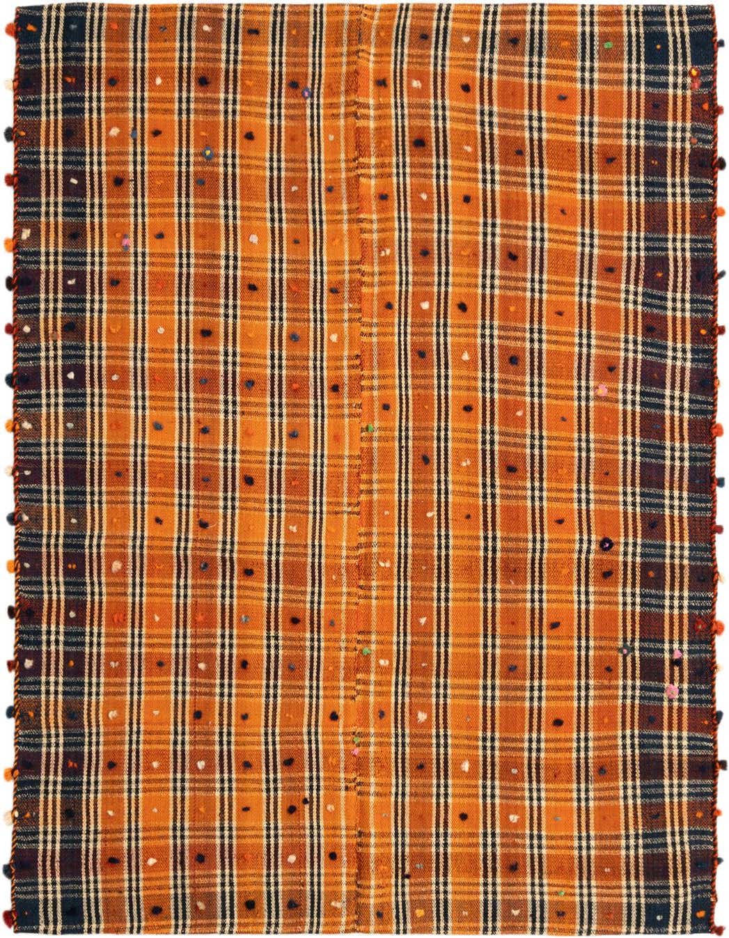 A 4x6 rectangular Jajim rug in warm orange and dark blue plaid, featuring colorful flecks and small pom-pom fringe.