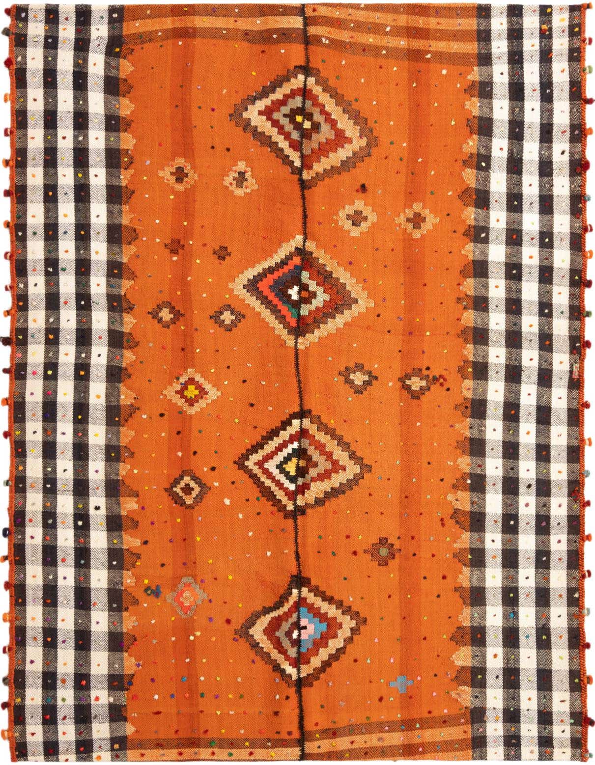 A 4x6 rectangular Jajim rug featuring a vibrant orange center with colorful geometric diamonds and black and white checkered borders.