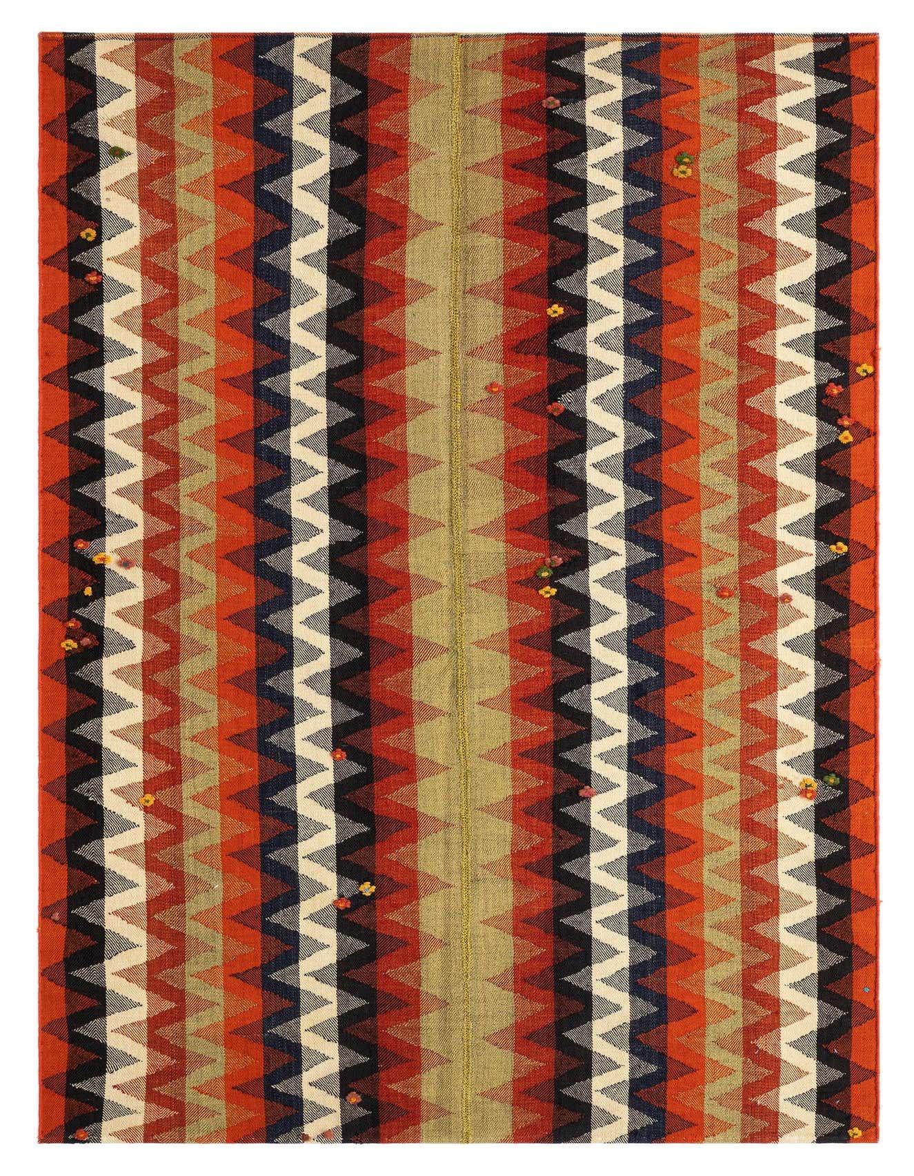 A 4x6 rectangular Jajim rug featuring vibrant orange, black, white, and blue zig-zag patterns with small colorful tassels.