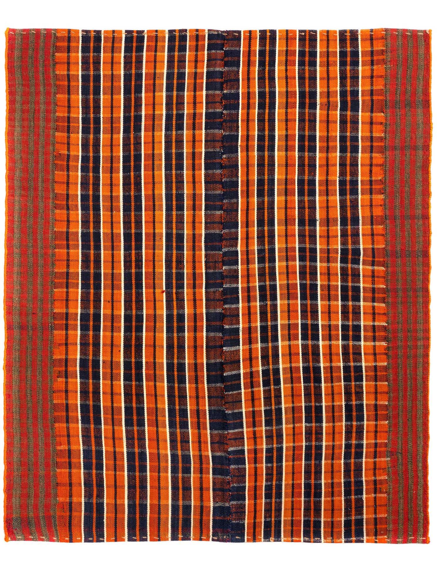 A 4x6 rectangular Jajim rug featuring a vibrant orange, navy, and white striped Persian pattern with red and green borders.