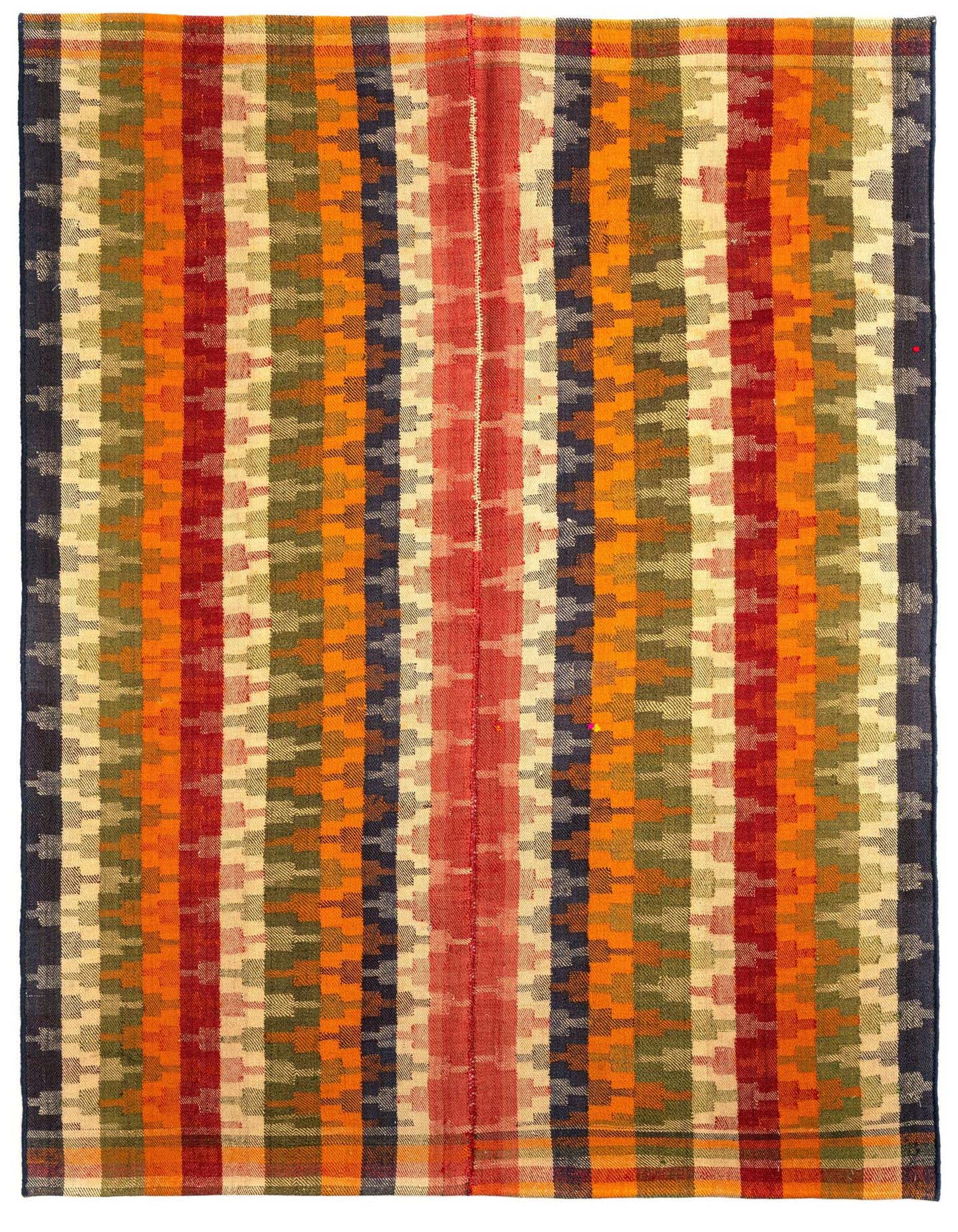 A 4x6 rectangular Jajim rug with vertical stripes in shades of orange, red, green, cream, and navy, featuring a textured Persian pattern.