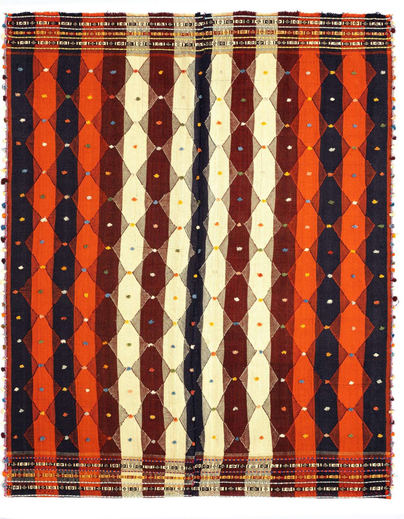 A 5x8 rectangular Jajim rug featuring a Persian pattern with alternating orange, dark blue, and cream diamond shapes, accented with colorful dots.