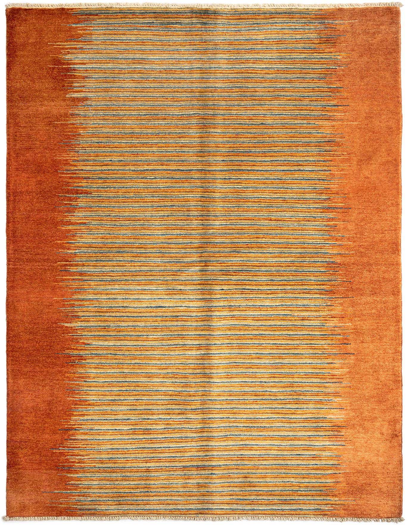 A 5x8 rectangular Juma Persian rug featuring a vibrant orange border fading into horizontal stripes of orange, blue, and cream.