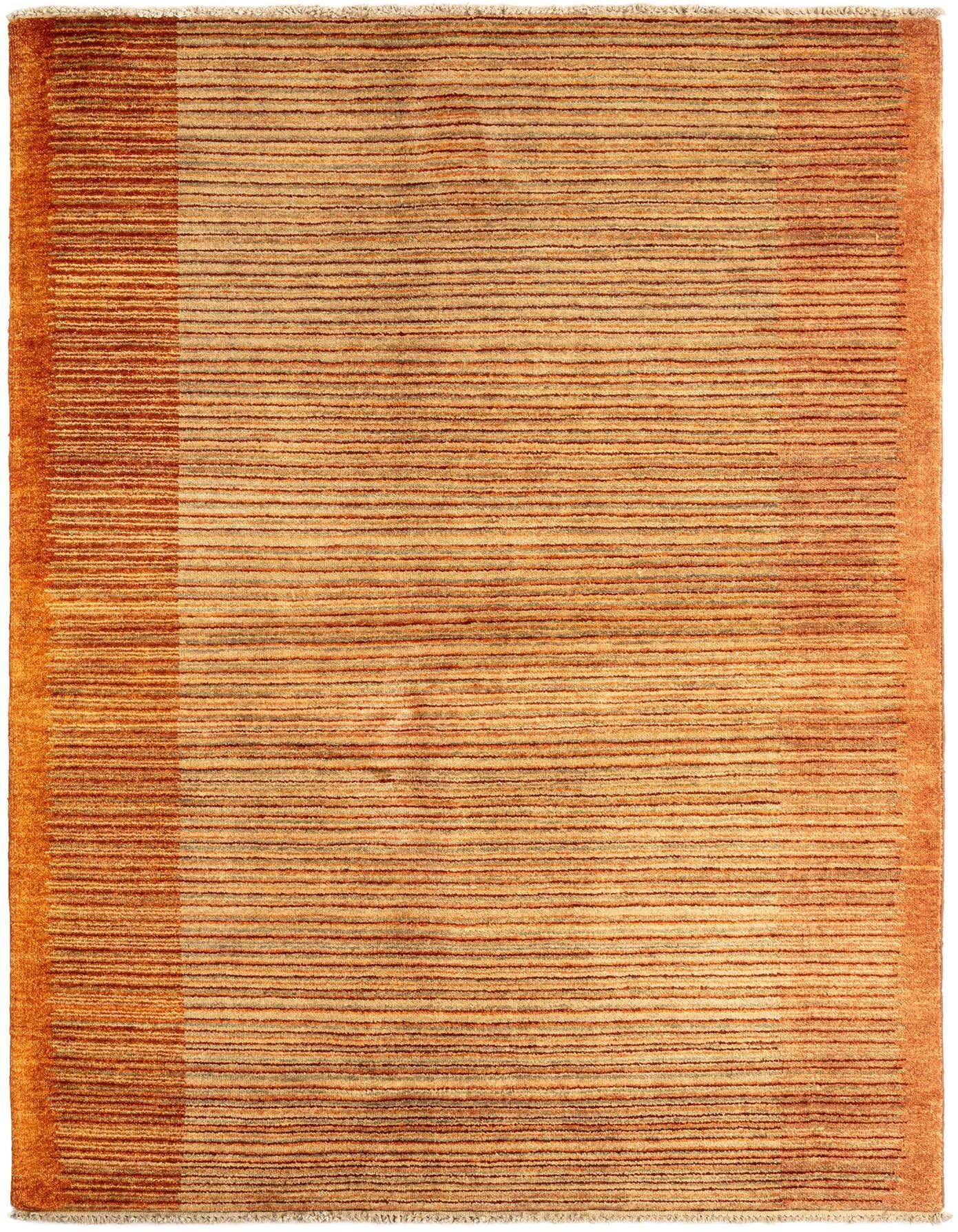 A 4x6 rectangular Juma Persian wool rug in varying shades of orange with horizontal stripes and a solid border.