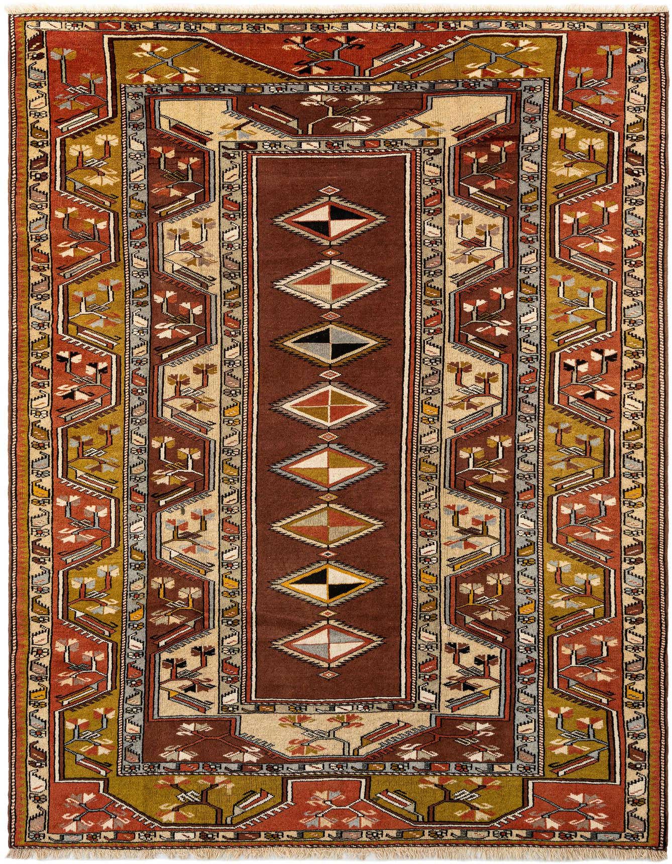 A 6x9 rectangular Kasak wool rug featuring a rich orange-brown center with diamond motifs, flanked by intricate geometric and floral patterns in shades of orange, gold, and cream.