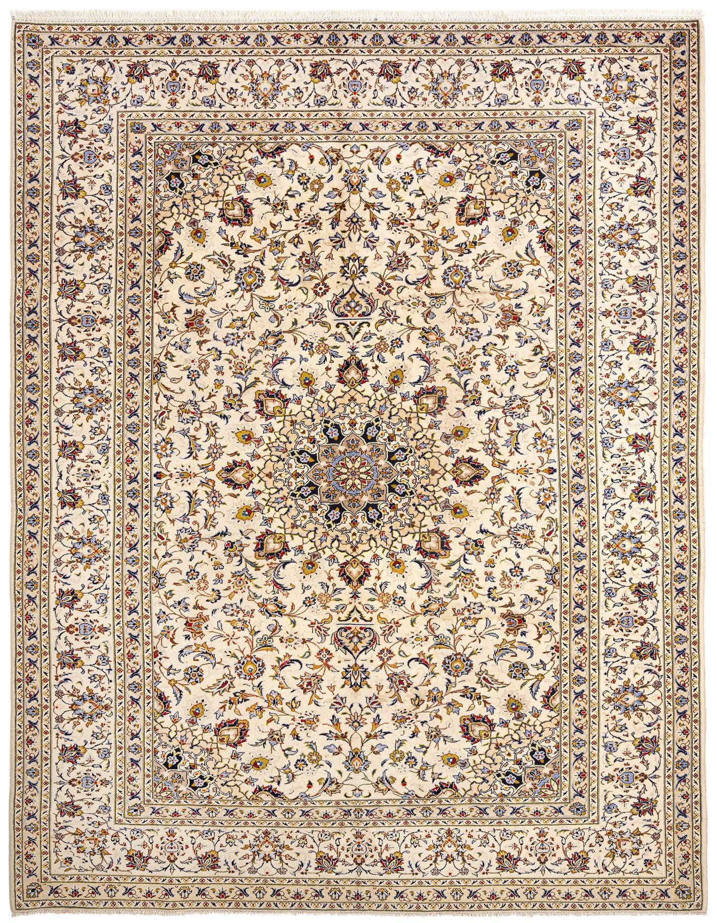 An 8x11 rectangular Persian rug with an ornate floral medallion pattern in oranges, blues, and creams on a light background, ideal for a living room.