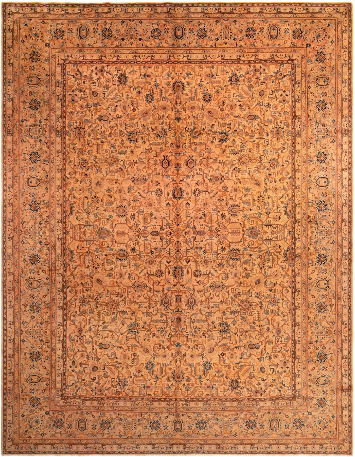 A large 12x16 rectangular traditional Kashan wool rug in shades of orange with intricate floral and medallion patterns.
