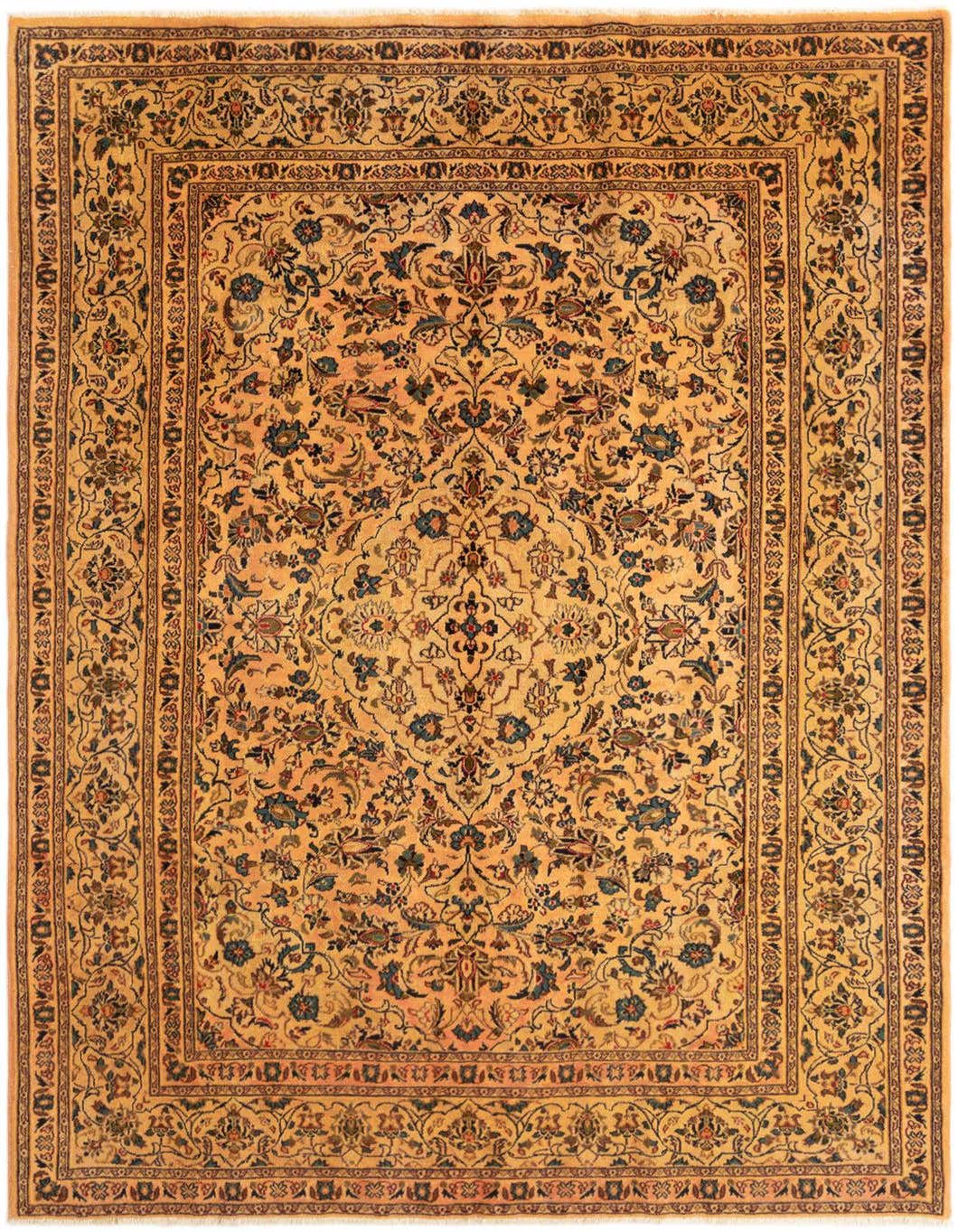 A 3x5 rectangular Kashan rug featuring a traditional floral medallion pattern in shades of orange, blue, and brown.