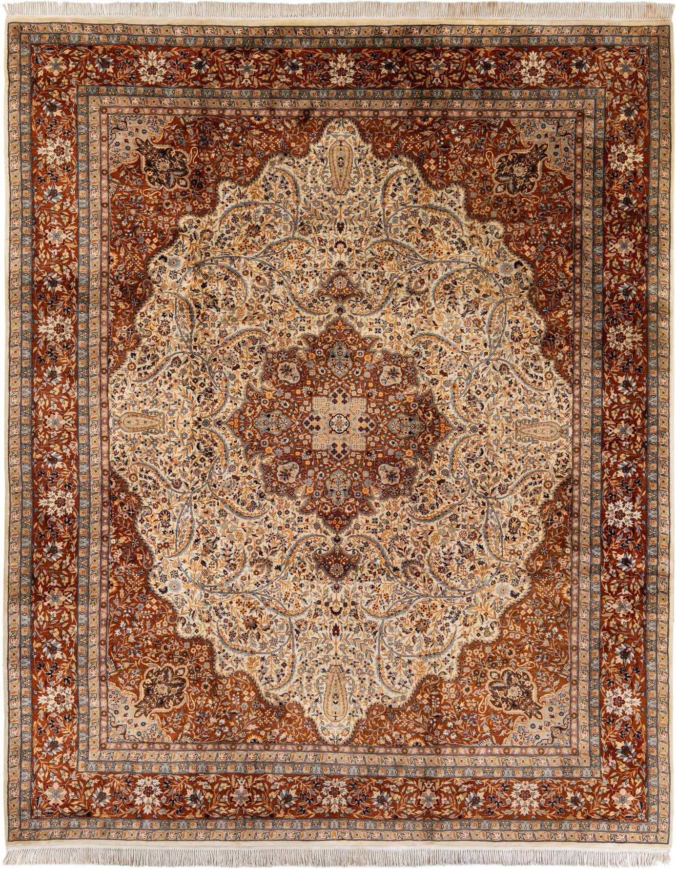 A 9x12 rectangular Kashan rug featuring a traditional medallion pattern in oranges, creams, and blues, suitable for a living room.