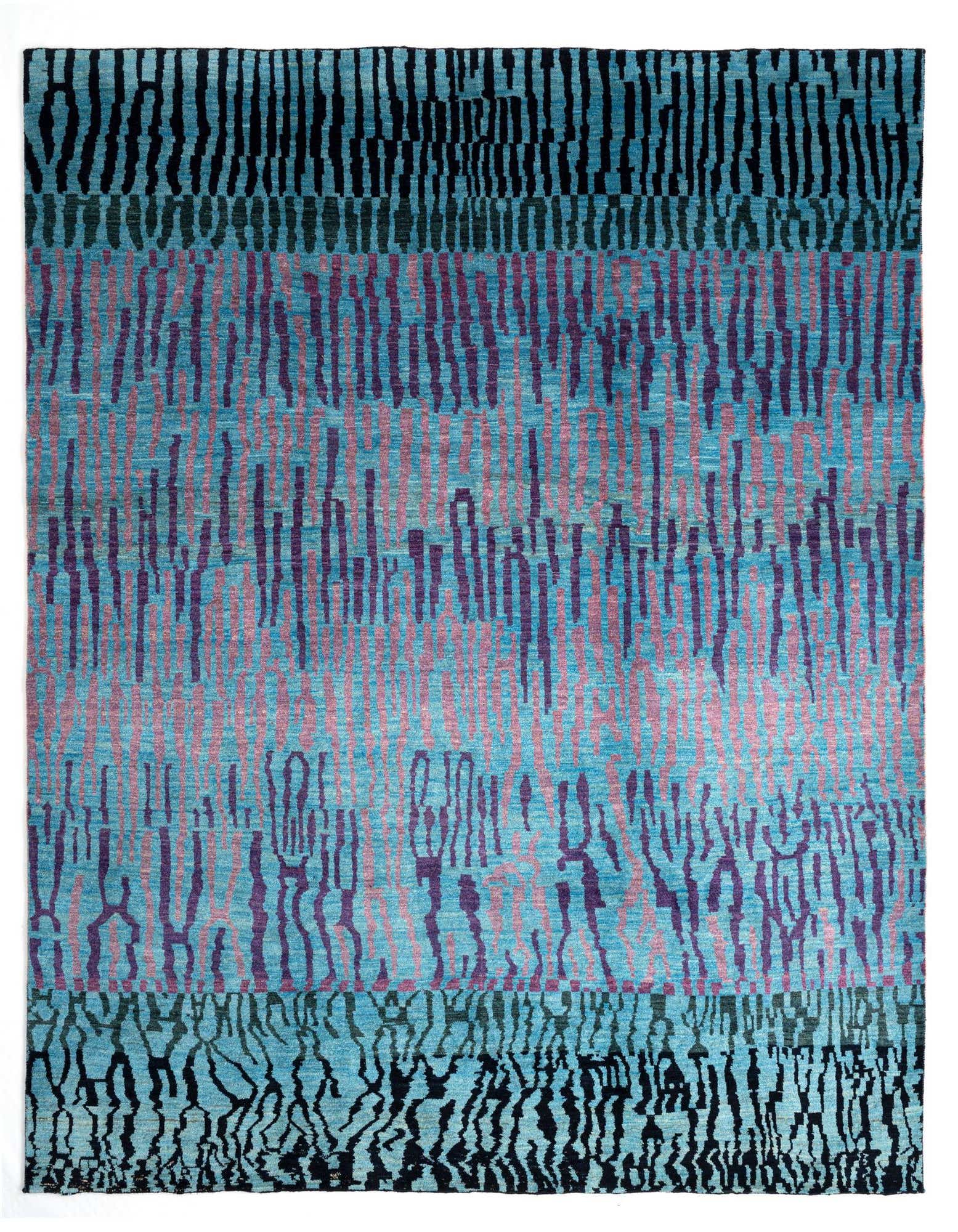 A rectangular 8x10 Kashkuli Persian wool rug featuring a vibrant abstract pattern in shades of teal, purple, and black.