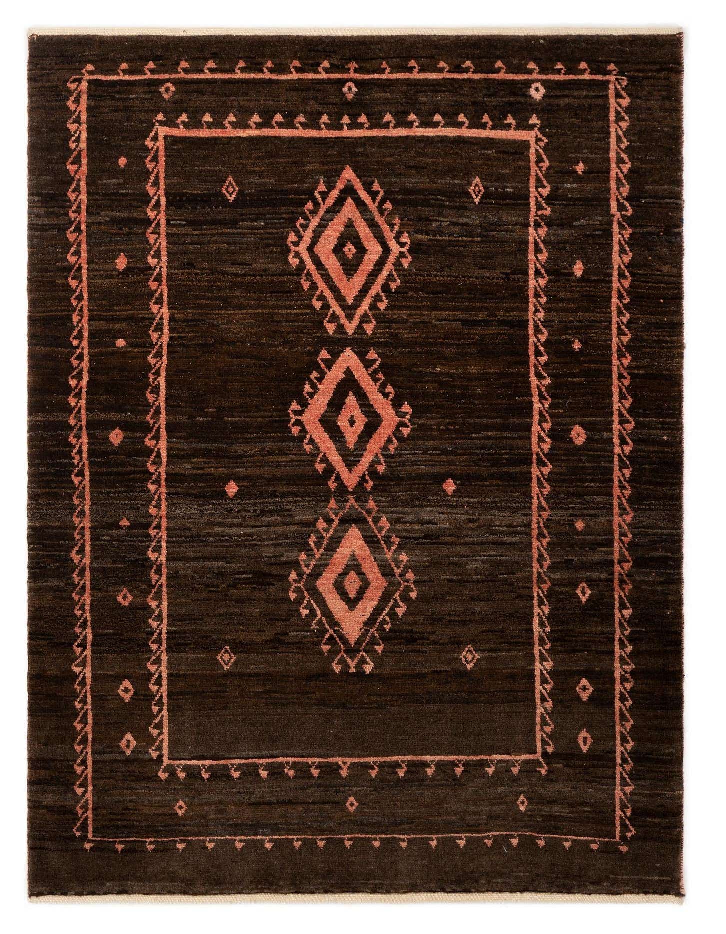 A 3x4 rectangular Kashkuli Persian rug with a dark brown background and three prominent orange diamond patterns down the center, framed by an orange border.