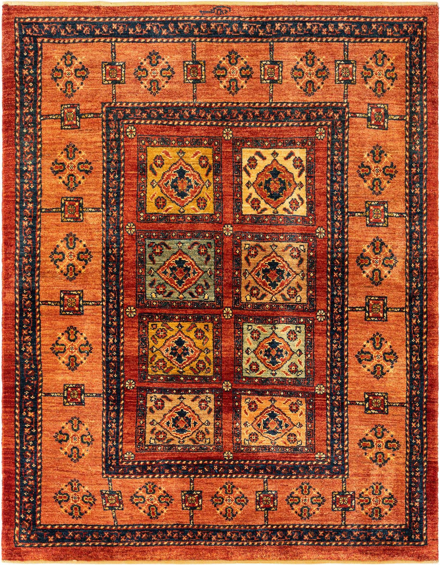 A 3x5 rectangular Kashkuli Persian wool rug in shades of orange with a navy blue border and multi-colored geometric patterns.
