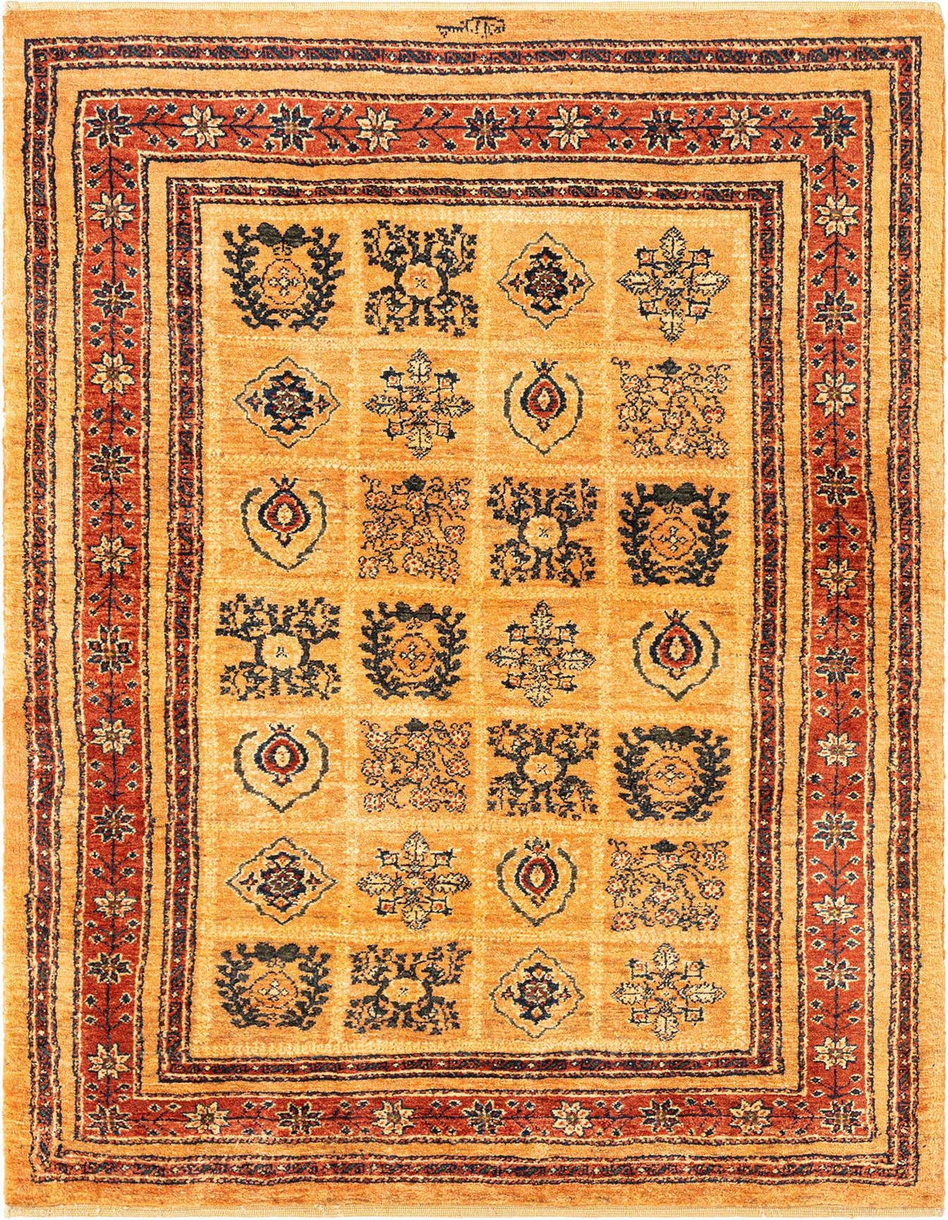 A 3x5 rectangular Kashkuli Persian rug in warm orange tones with a traditional grid pattern of navy, red, and cream motifs, framed by a detailed border.