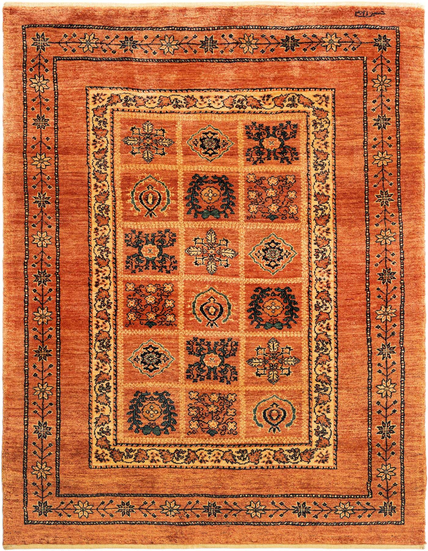 A 3x5 rectangular orange Persian wool rug with a central grid pattern of diverse traditional motifs and a floral border.