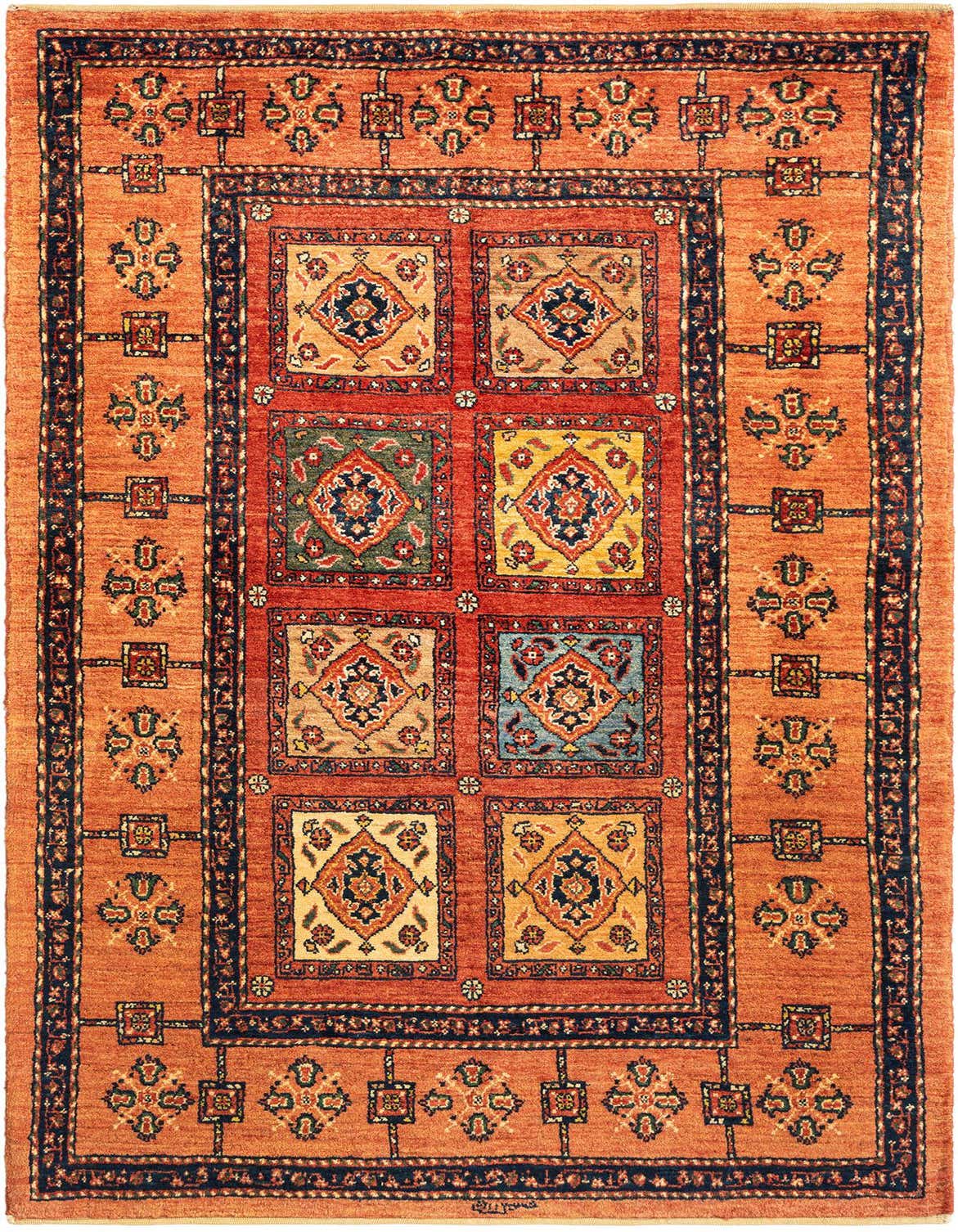 A 3x5 rectangular Kashkuli Persian rug in warm oranges with a central grid of colorful, intricate medallion squares and a detailed border.