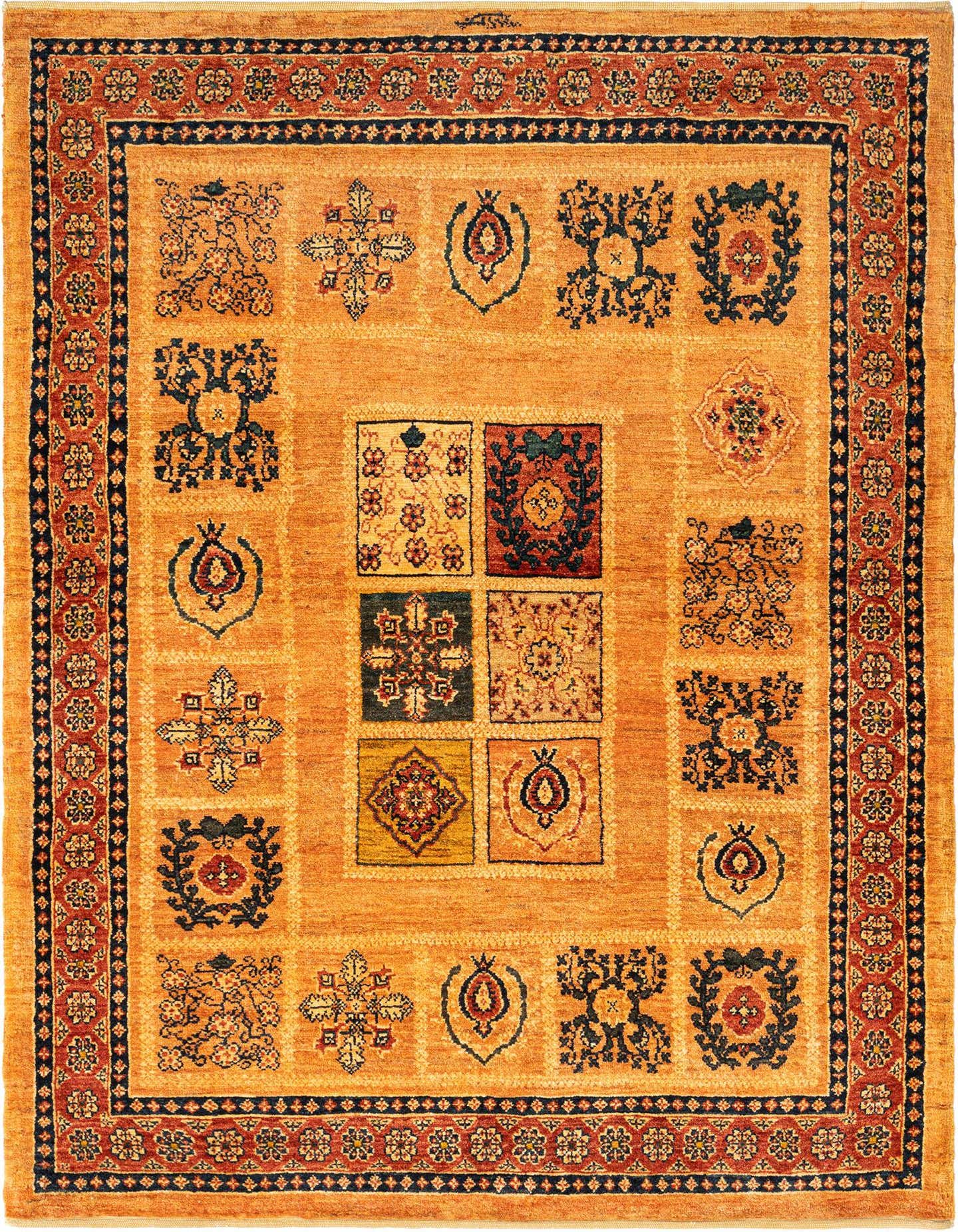 A 3x5 rectangular orange Persian wool rug with a complex medallion and floral pattern, featuring a multi-layered border.