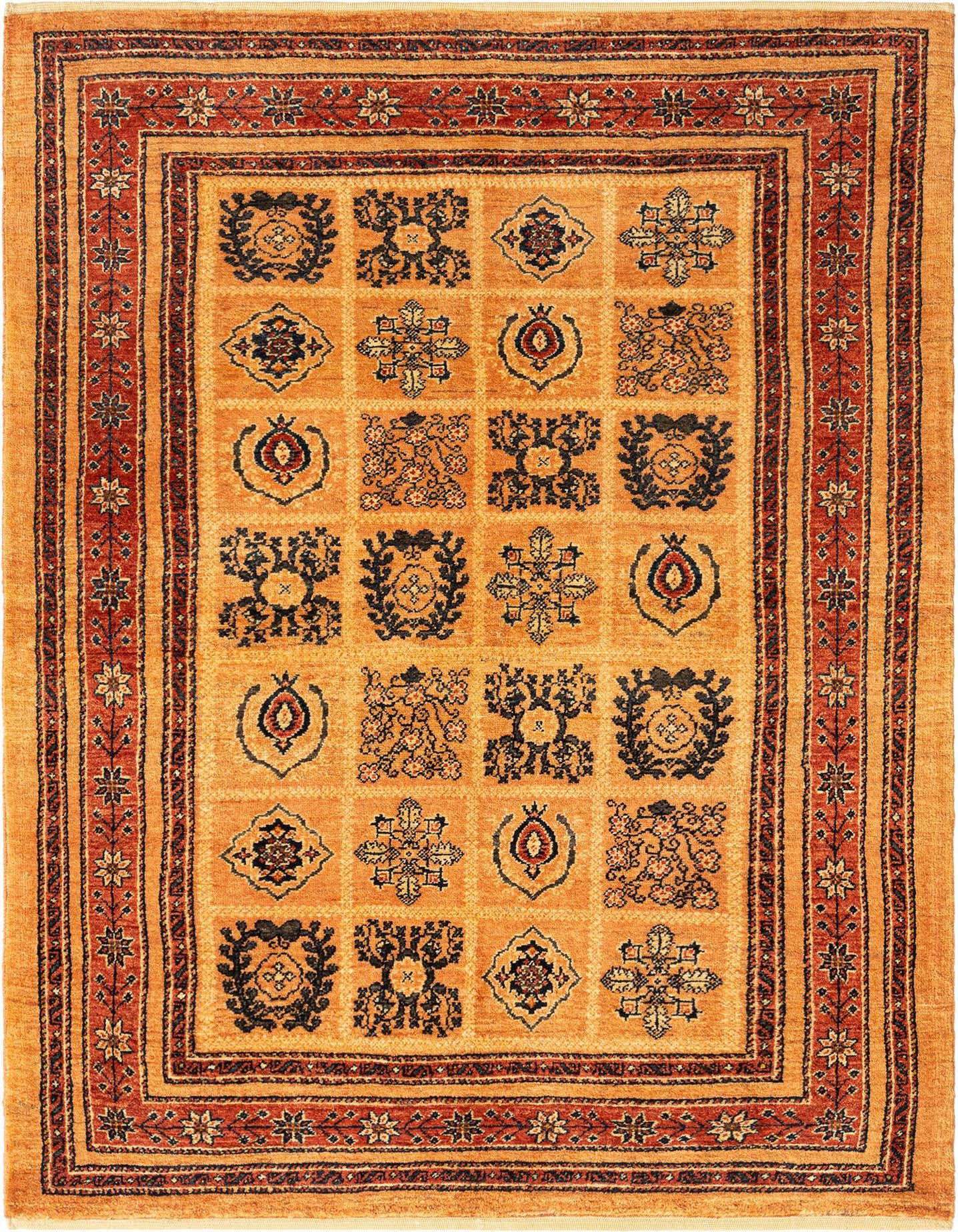 A 3x5 rectangular orange Persian rug with a repeating grid pattern of dark floral and medallion motifs, framed by a rust-colored border.