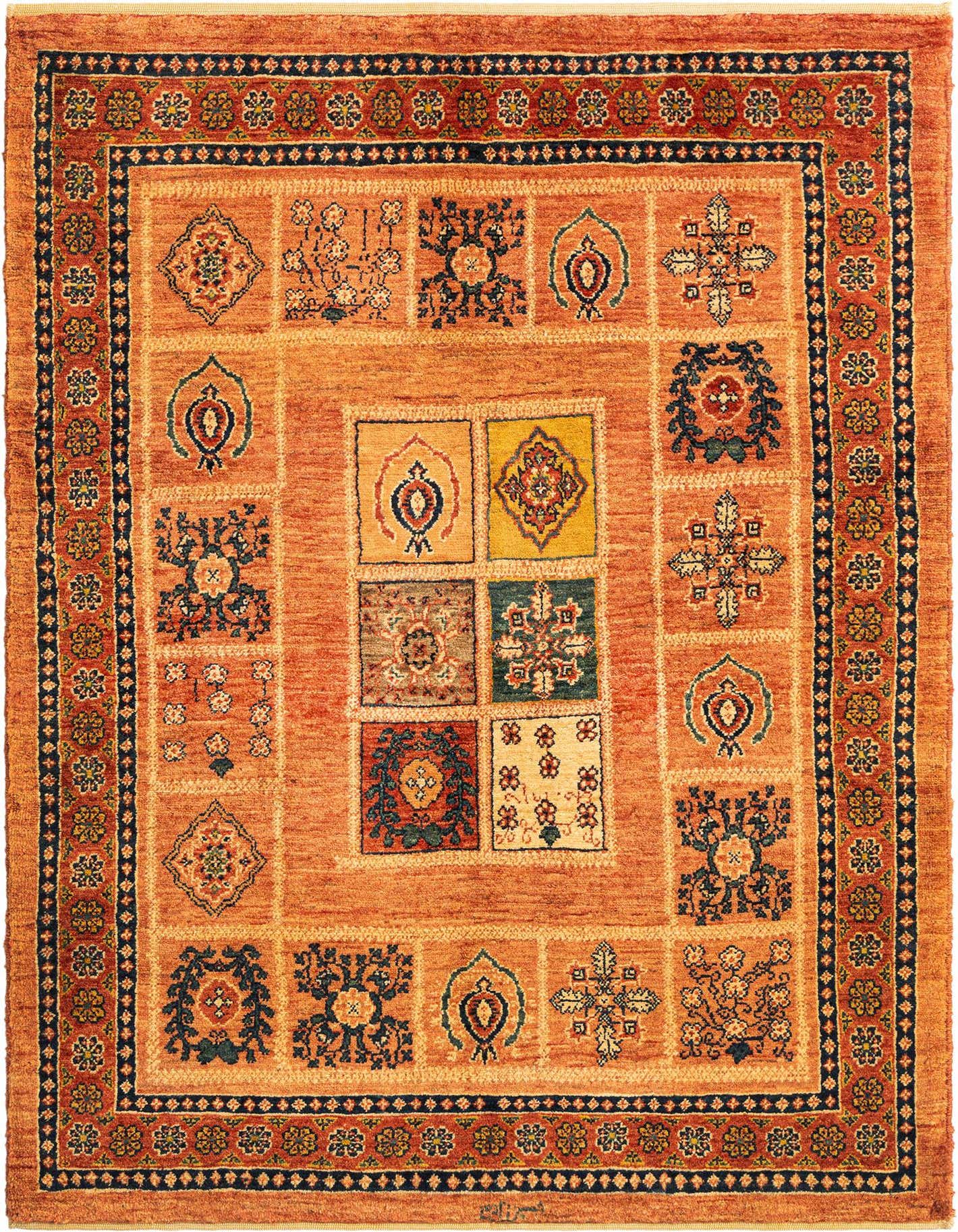 A 3x5 rectangular Kashkuli Persian rug in warm oranges with a central grid of colorful traditional motifs, ideal for an entryway.